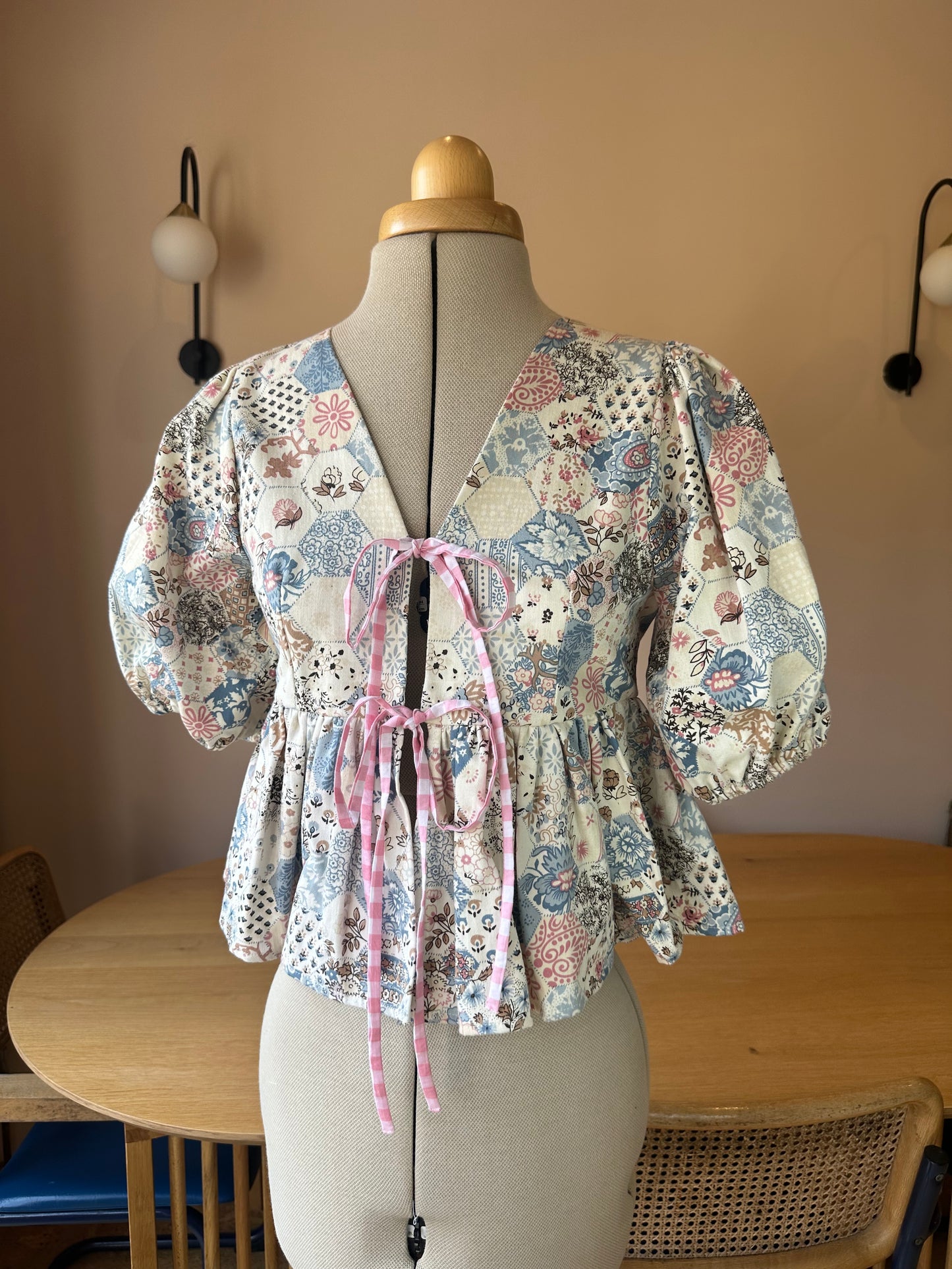 SAMPLE SALE 50% Off - Pink/Blue Patchwork Print Tie Front Top Size 1 (UK 6-8)