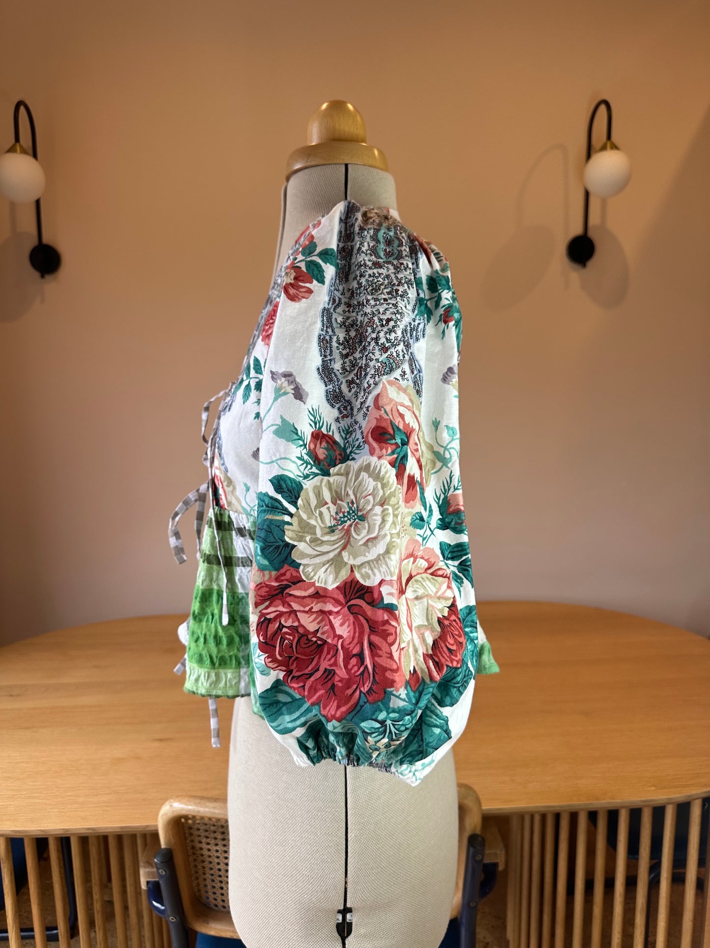 SAMPLE SALE 50% Off - Green Check Floral 3/4 Sleeve Size 1 (UK 6-8)