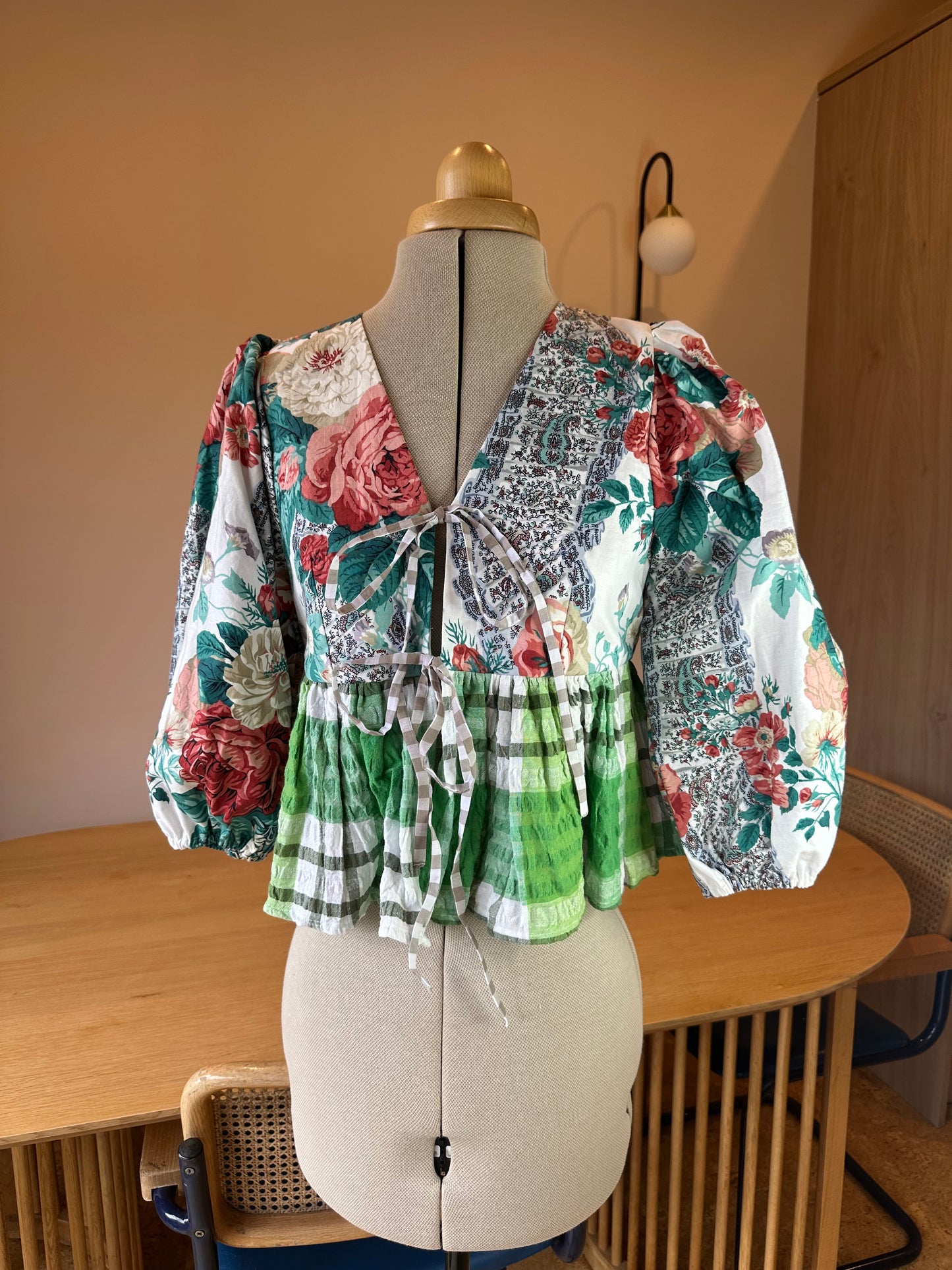 SAMPLE SALE 50% Off - Green Check Floral 3/4 Sleeve Size 1 (UK 6-8)