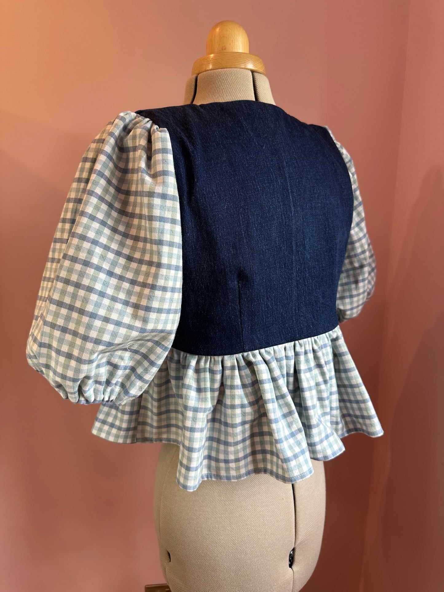 Deadstock Denim and Check Tie Front Top Size 2 (UK 10-12)