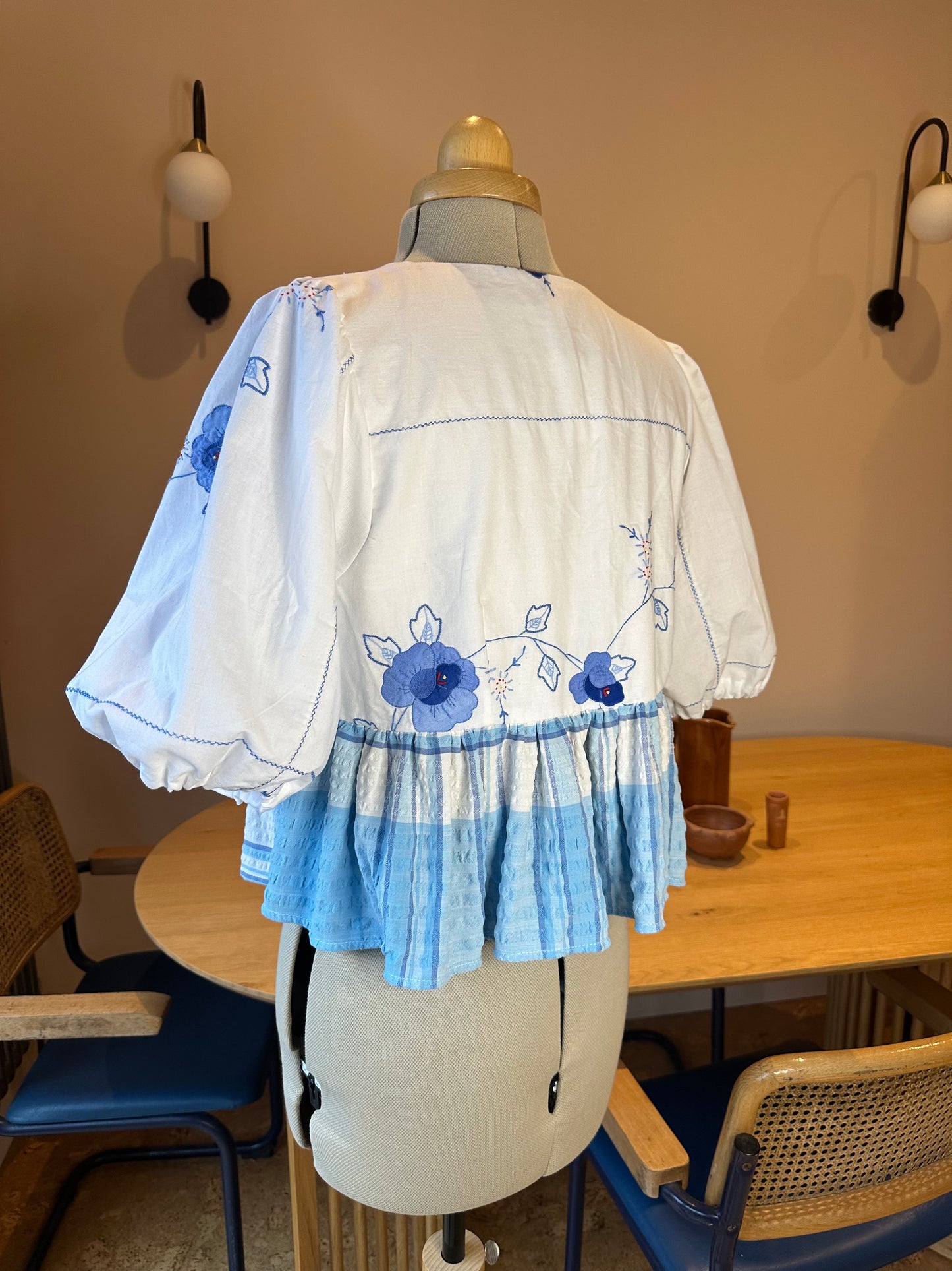 Blue & White Embroidered Tie Front Top Size 14-16
