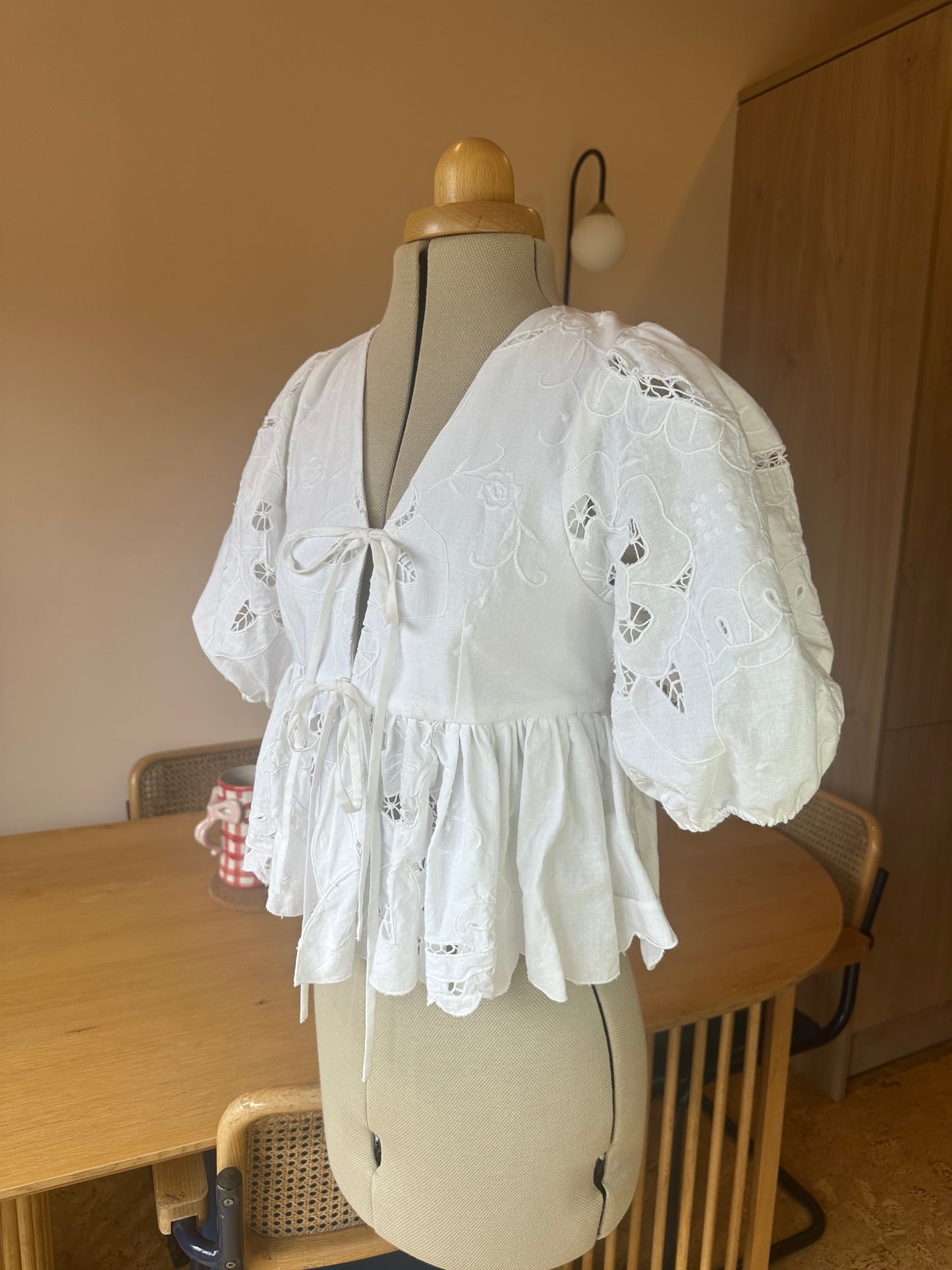 White Cut Work Bridal Tie Front Top Size 1 (UK 6-8)