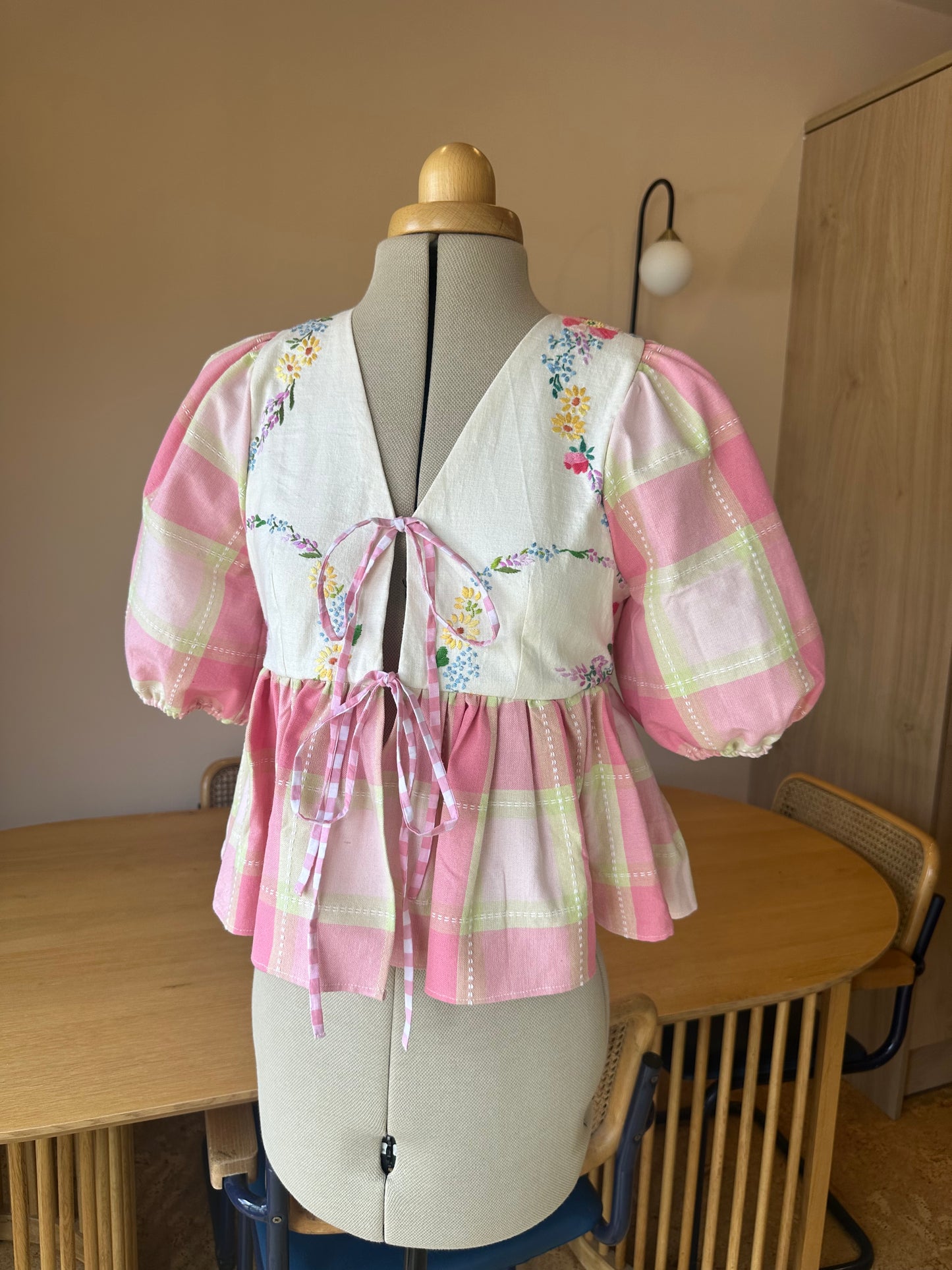 Pink Floral and Check Tie Front Top Size 1 (UK 6-8)