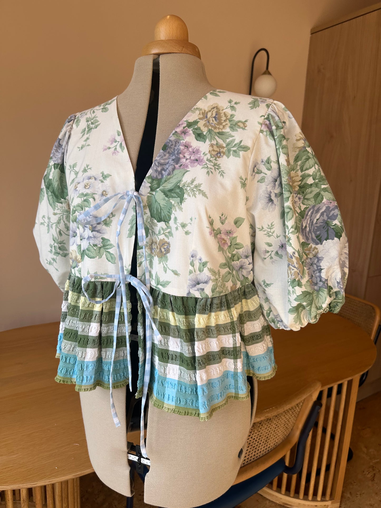 SAMPLE SALE 50% off - Blue Floral and Check Tie Front Top Size 3 (UK 14-16)