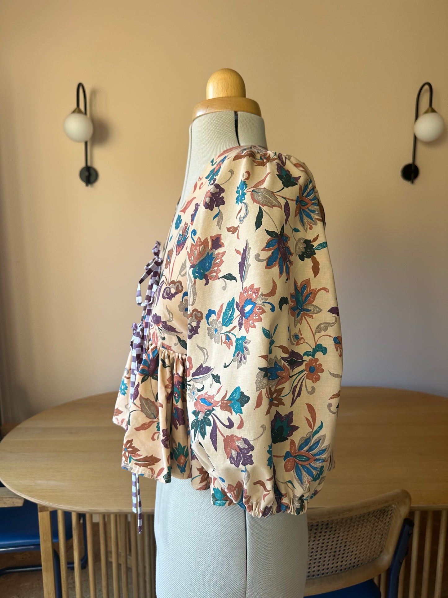 SAMPLE SALE 50% Off - Brown Printed Tie Front Top 3/4 Sleeve Size 1 (UK 6-8)