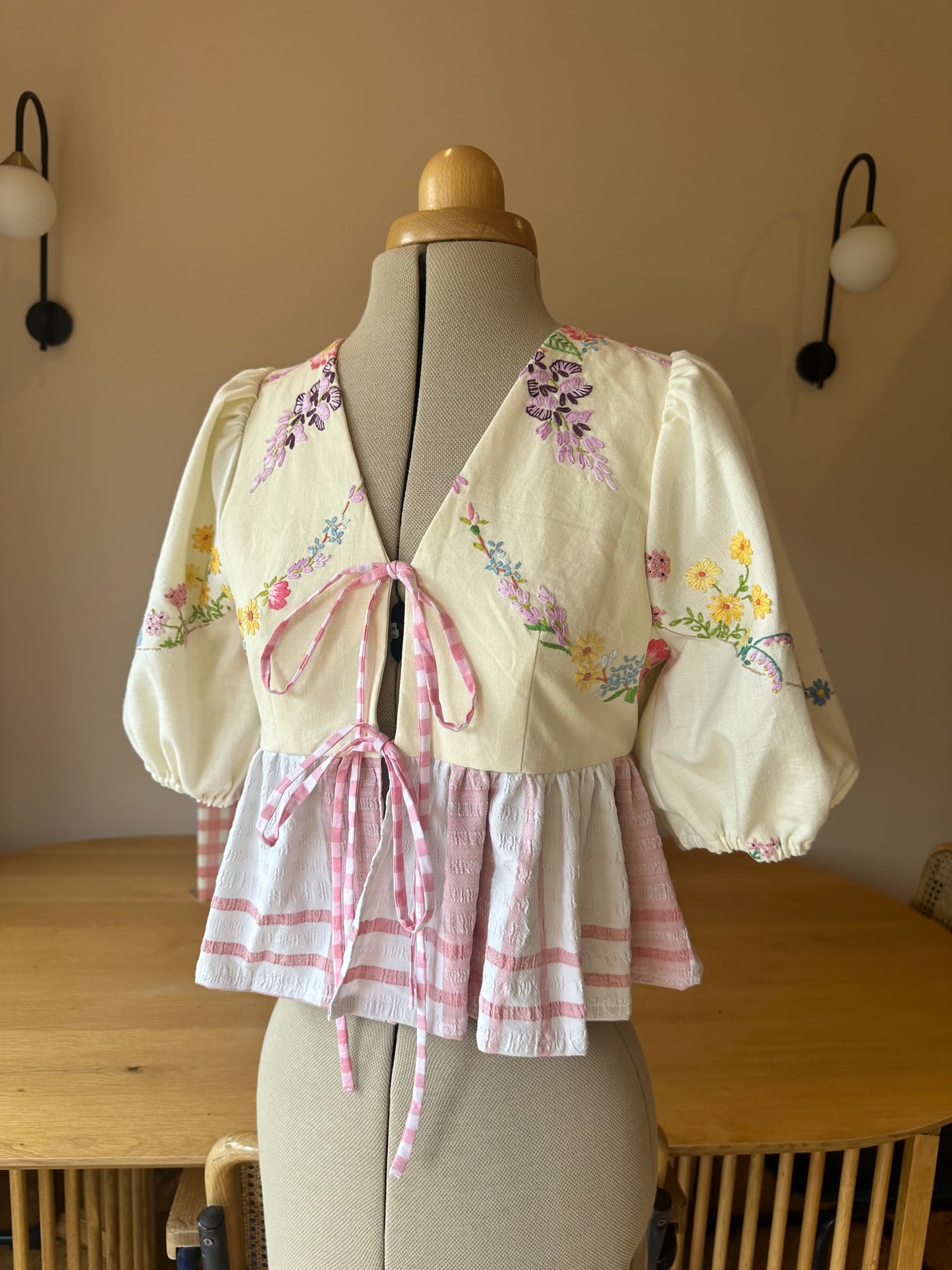 Yellow and Pink Embroidered Tie Front Top Size 1 (UK 6-8)