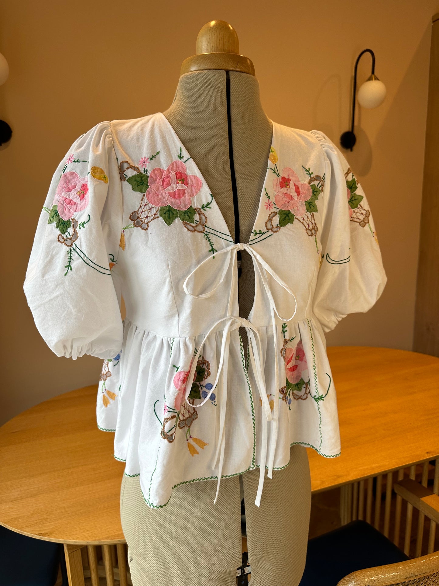 White & Green & Pink Embroidered Tie Front Top Size 6-8