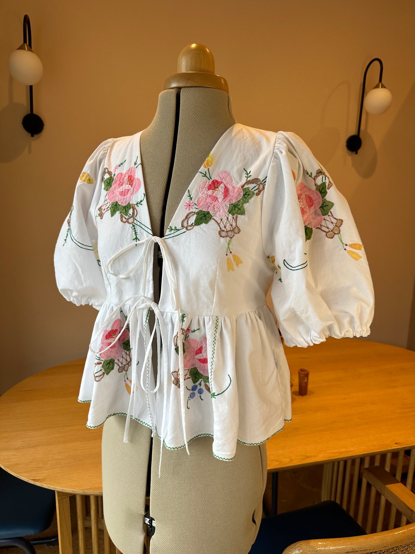 White & Green & Pink Embroidered Tie Front Top Size 6-8