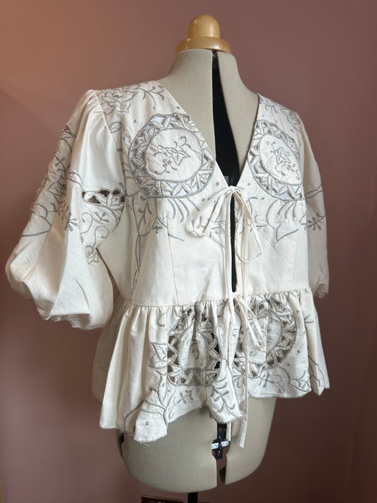 Neutral Embroidered Tie Front Top Size 4 (UK 18-20)