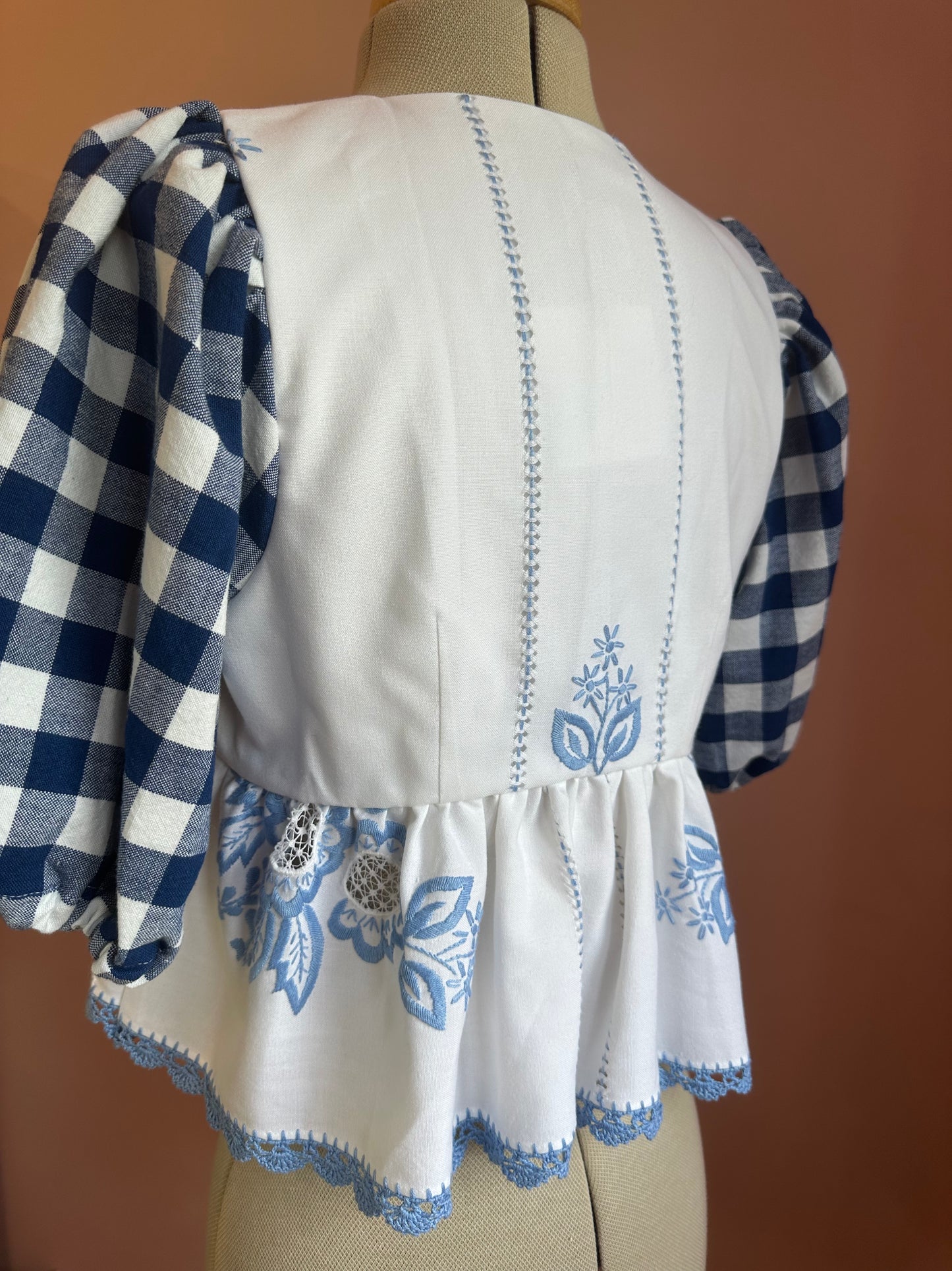 Blue Check and Embroidery Tie Front Top Size 1 (UK 6-8)
