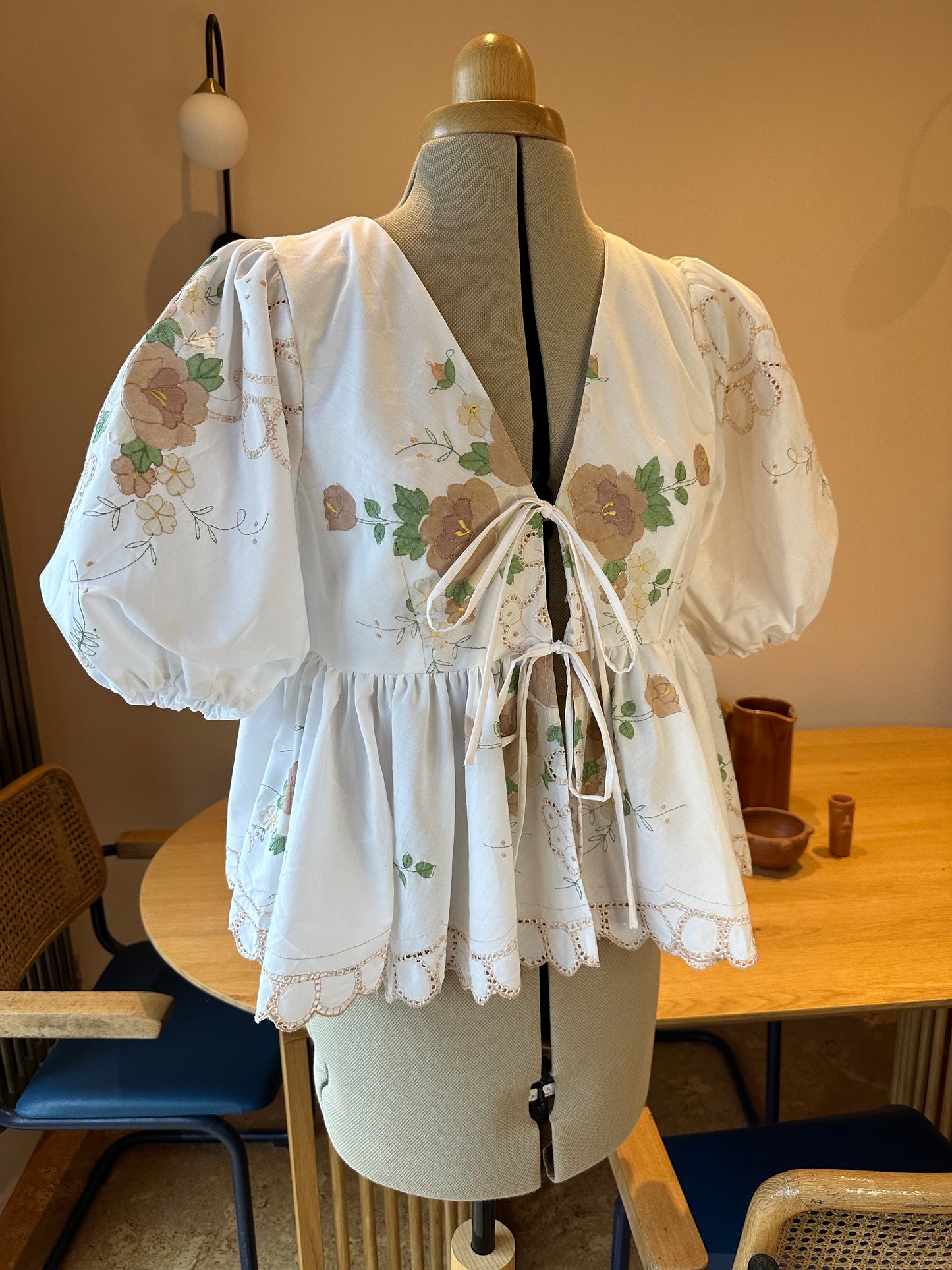 White & Pink Embroidered Tie Front Top Size 10-12
