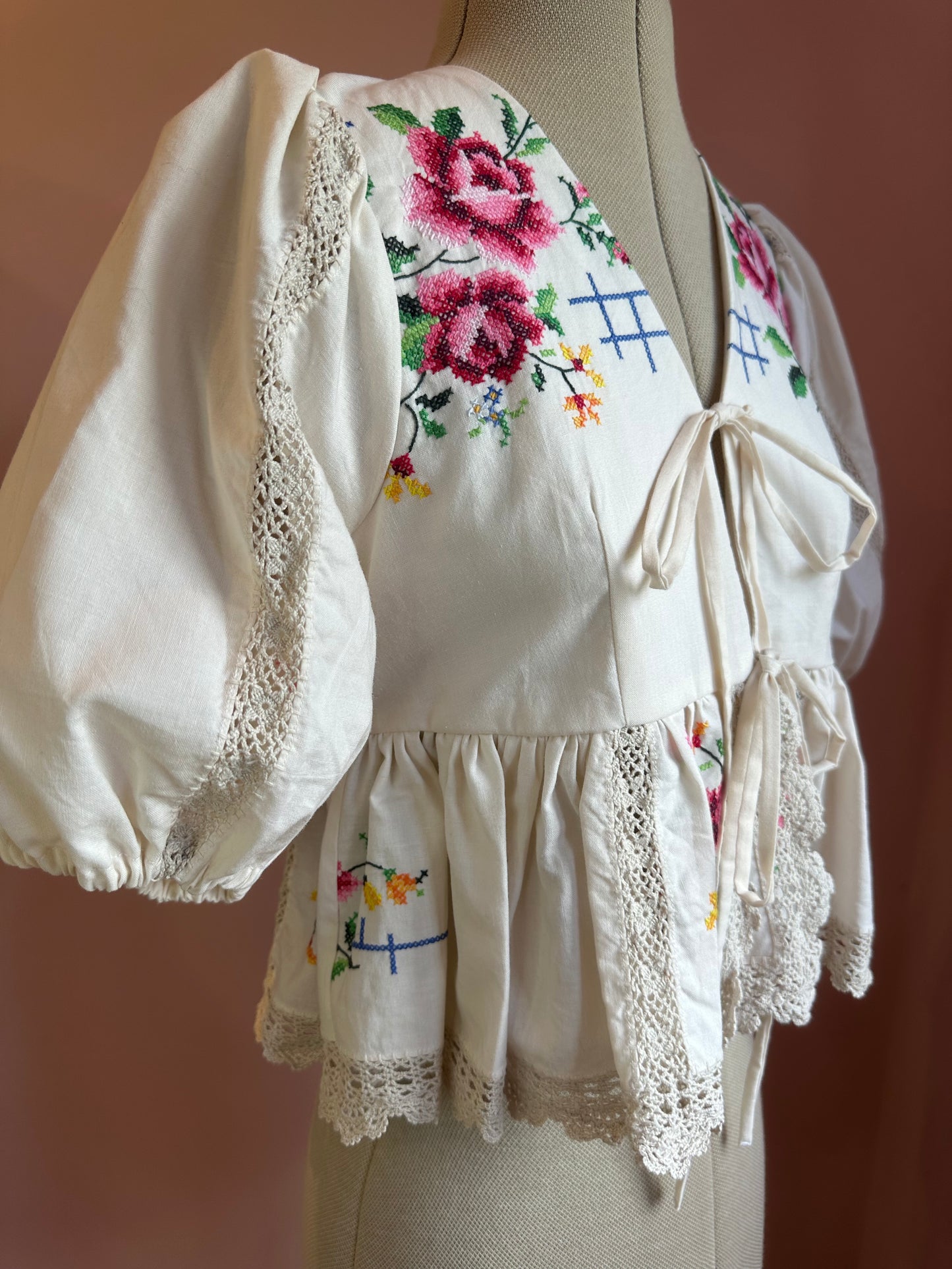 Cream Embroidered Tie Front Top Size 1 (UK 6-8)