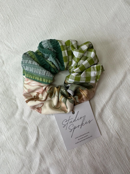 Green Gingham and Floral Scrunchie