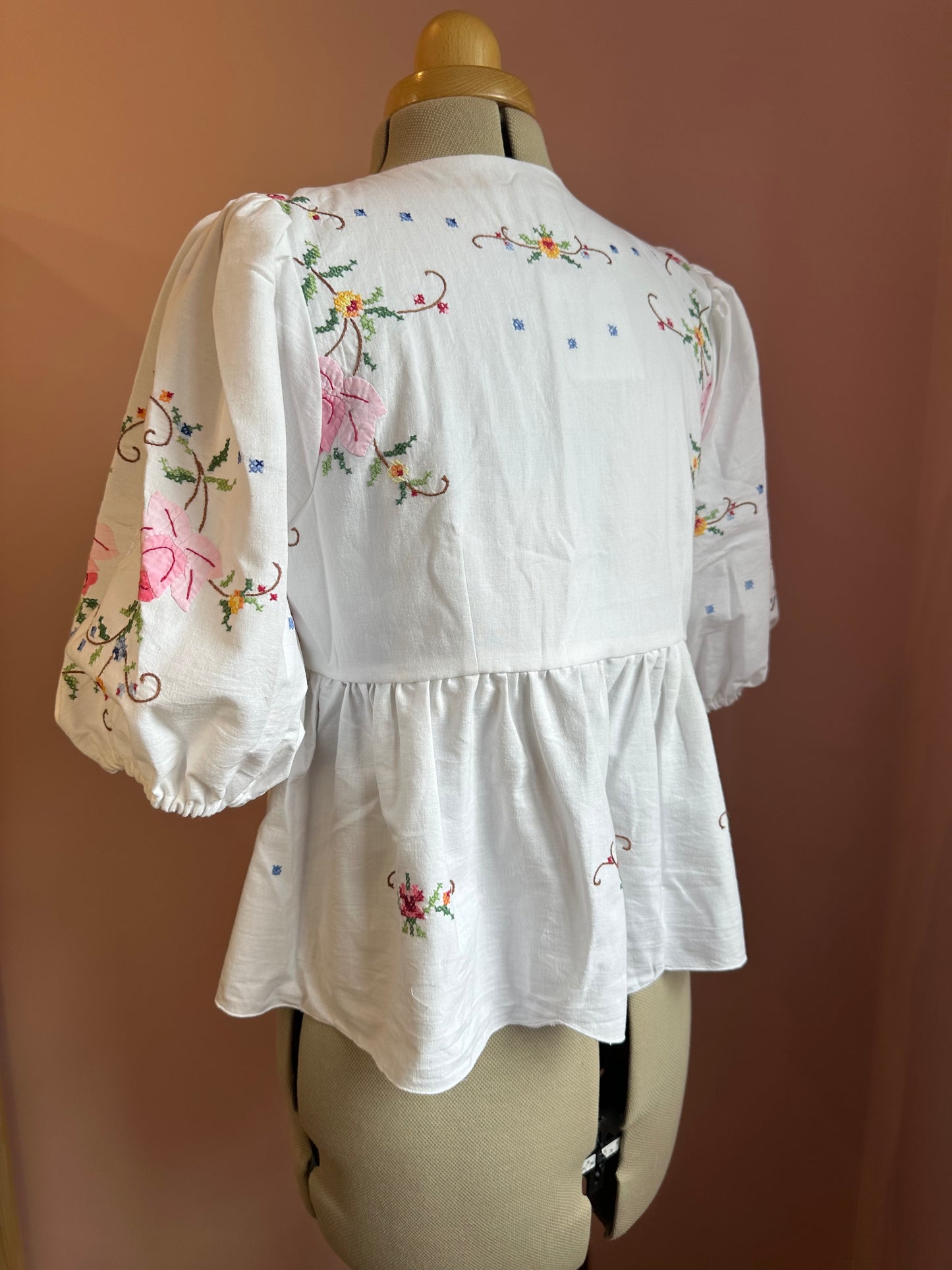 Bright Cross-stitch Embroidery Tie Front Top Size 2 (UK 10-12)