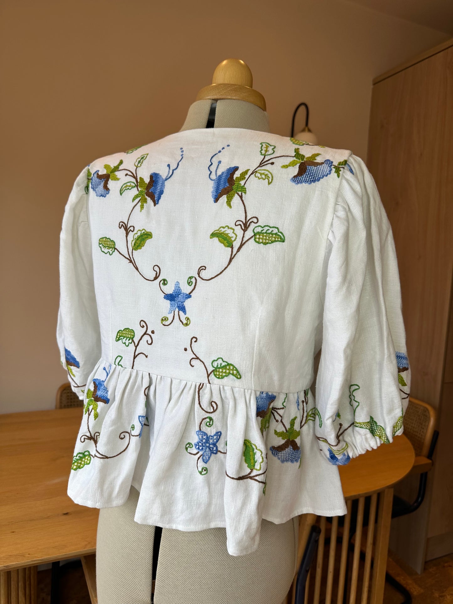Blue and White Embroiered Tie Front Top Size 3 (UK 14-16)