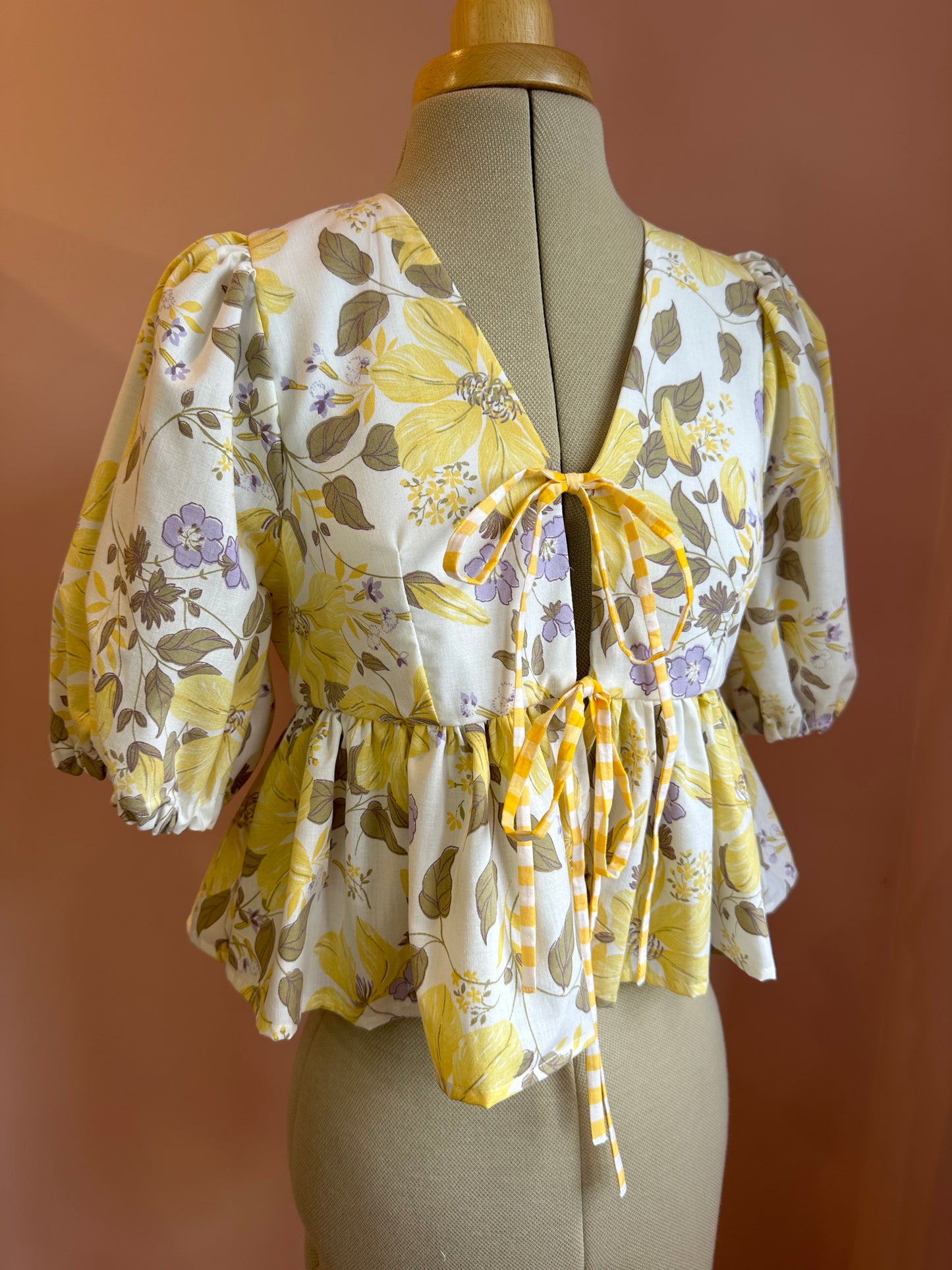 Yellow and Lilac Printed Tie Front Top Size 1 (UK 6-8)