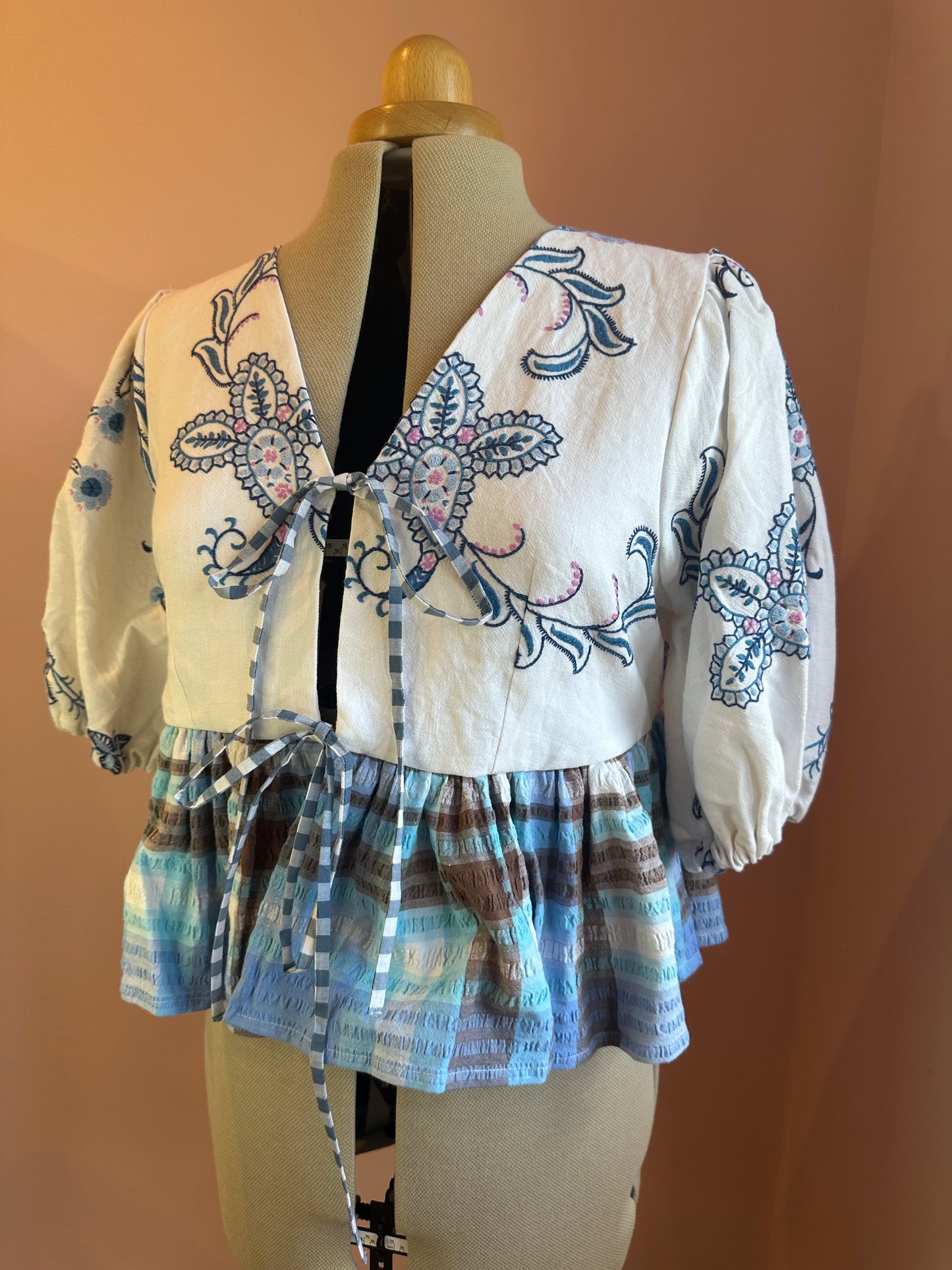 Blue Embroidered Tie Front Top Size 3 (UK 14-16)