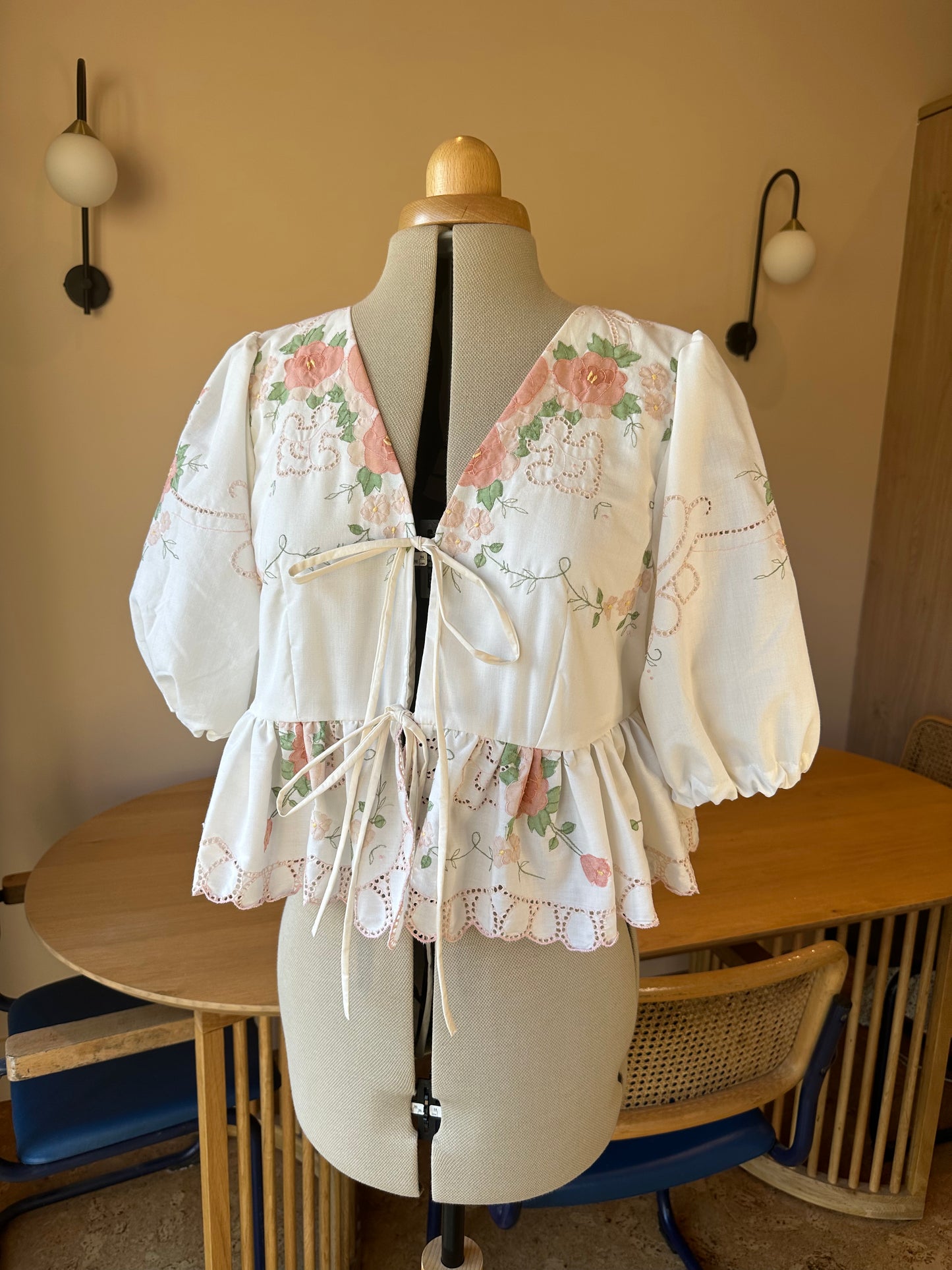 Pink & Cream Embroidered Tie Front Top Size 14-16