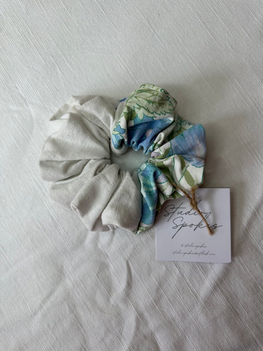 White Linen and Floral Scrunchie