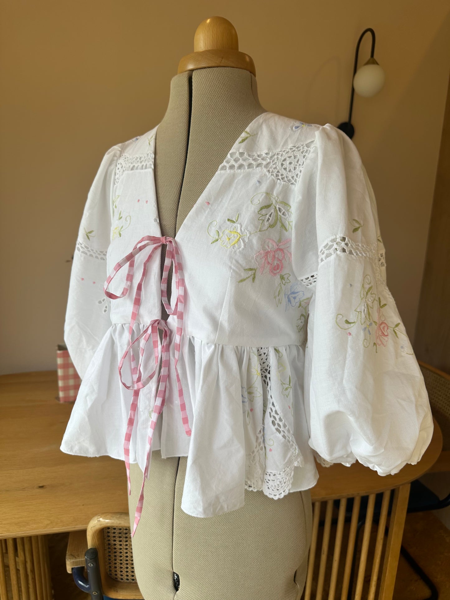 Embroidered Tie Front Top 3/4 Sleeve Size 1 (UK 6-8)