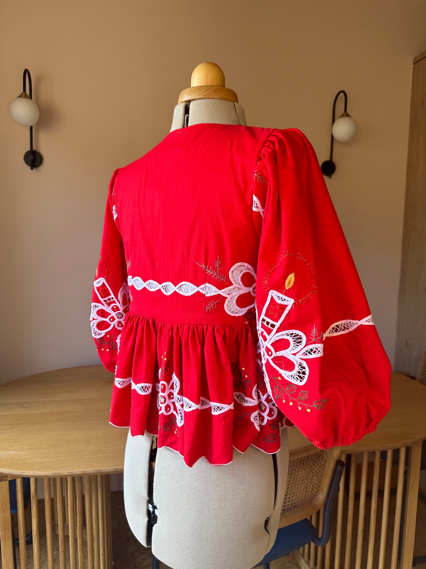 Embroidered Red Christmas Tie Front Top 3/4 Sleeve Size 2 (UK 10-12)