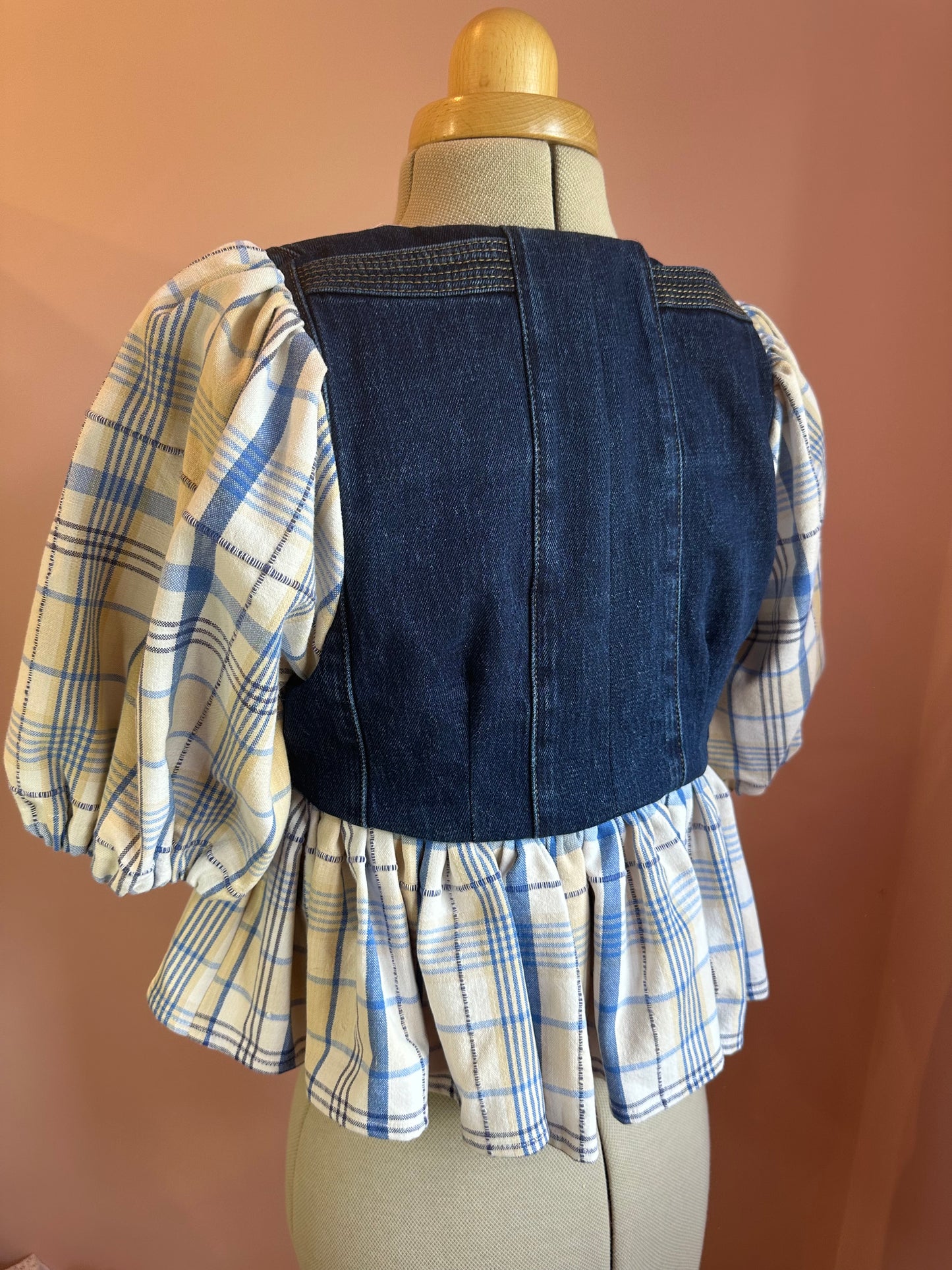 Deadstock Denim and Check Collab Tie Front Top Size Size 1 (UK 6-8)