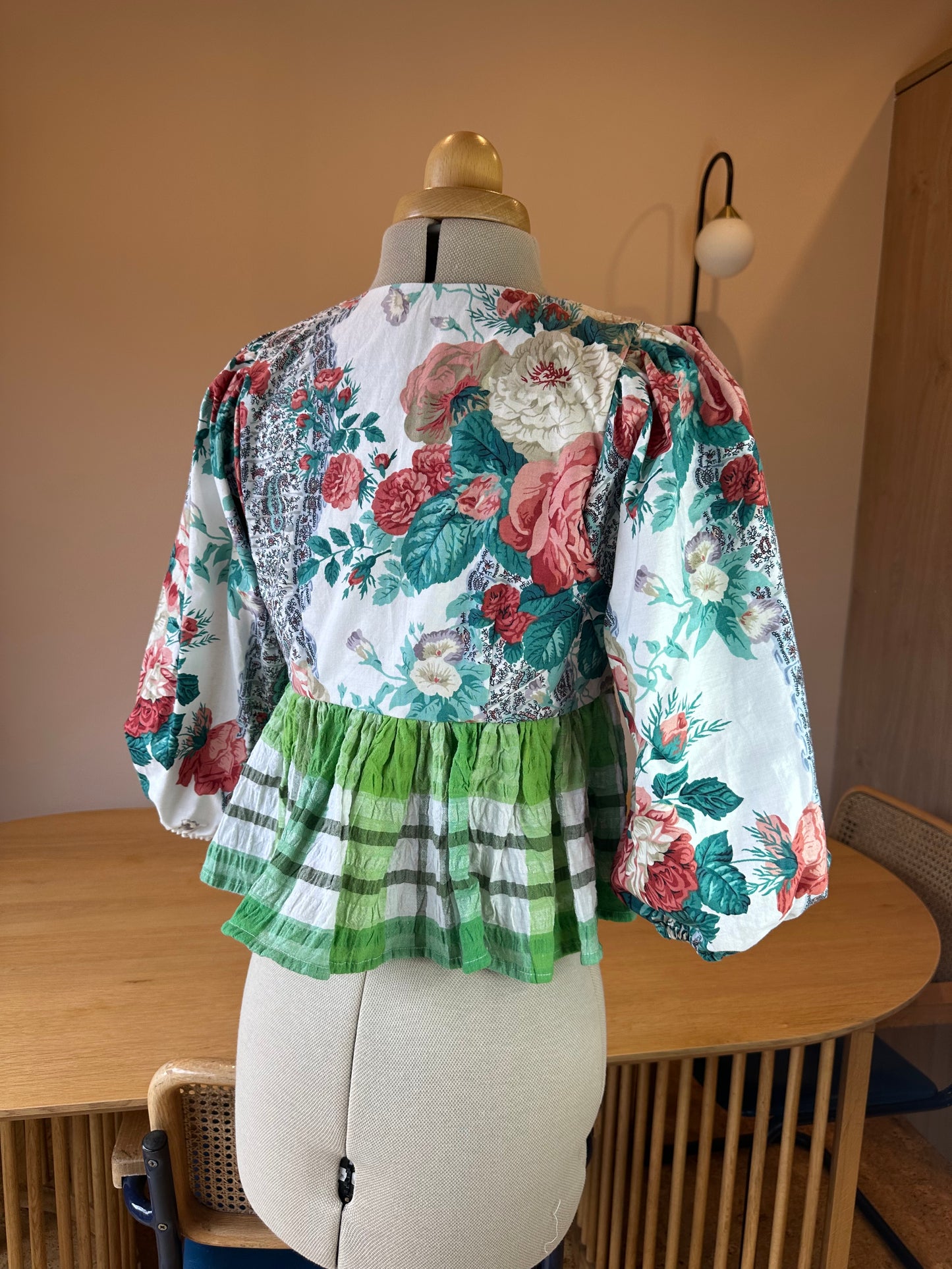 SAMPLE SALE 50% Off - Green Check Floral 3/4 Sleeve Size 1 (UK 6-8)