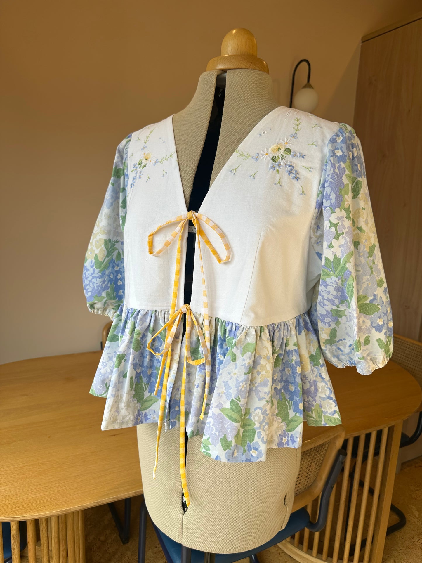 SAMPLE SALE 50% Off - Blue Embroidery and Floral Tie Front Top Size 3 (UK 14-16)
