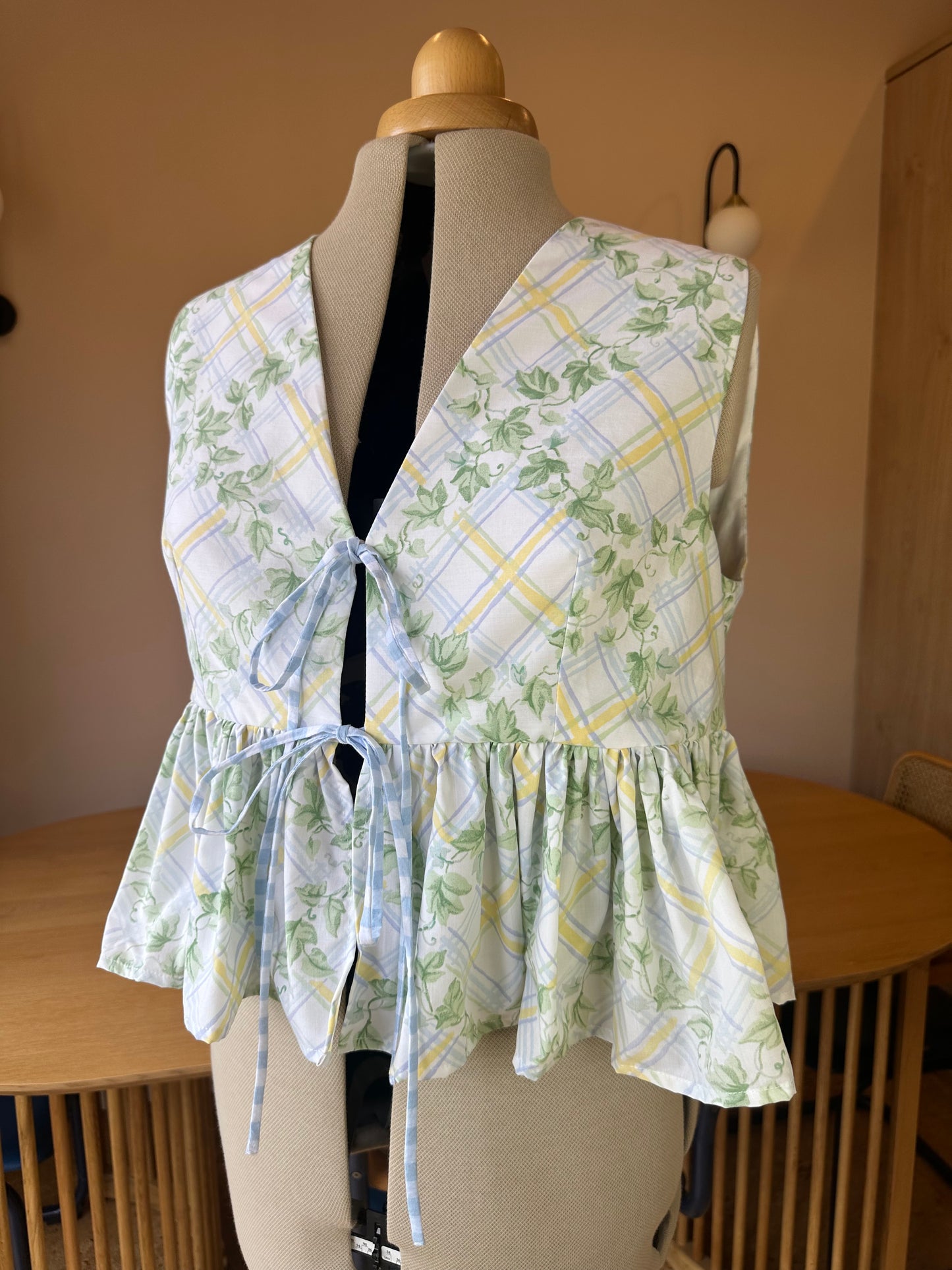 SAMPLE SALE 50% Off - Blue/Yellow Check and Floral Sleeveless Tie Front Top Size 3 (UK 14-16)