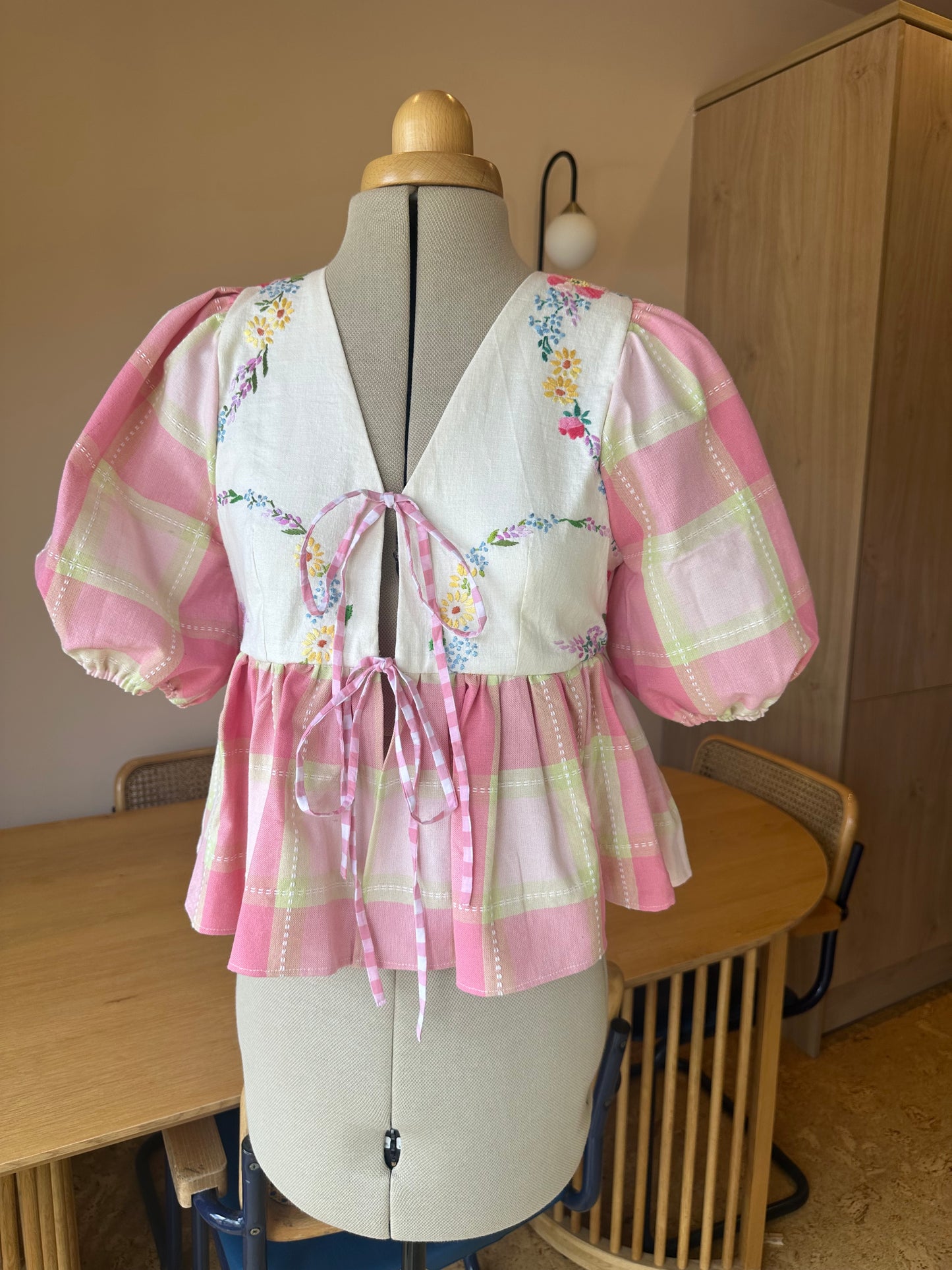 Pink Floral and Check Tie Front Top Size 1 (UK 6-8)