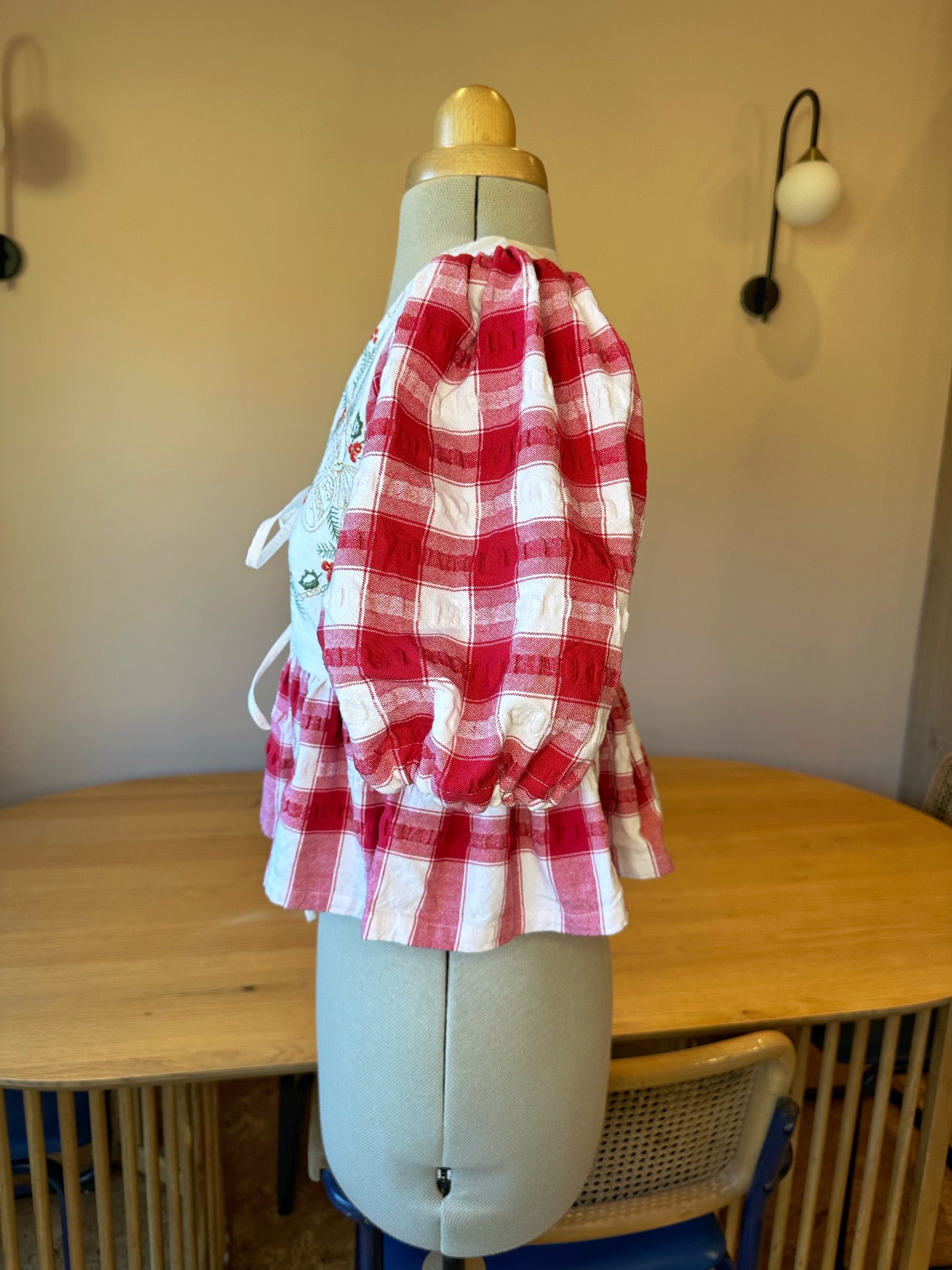 Christmas Embroidery and Check Tie Front Top Size 6-8