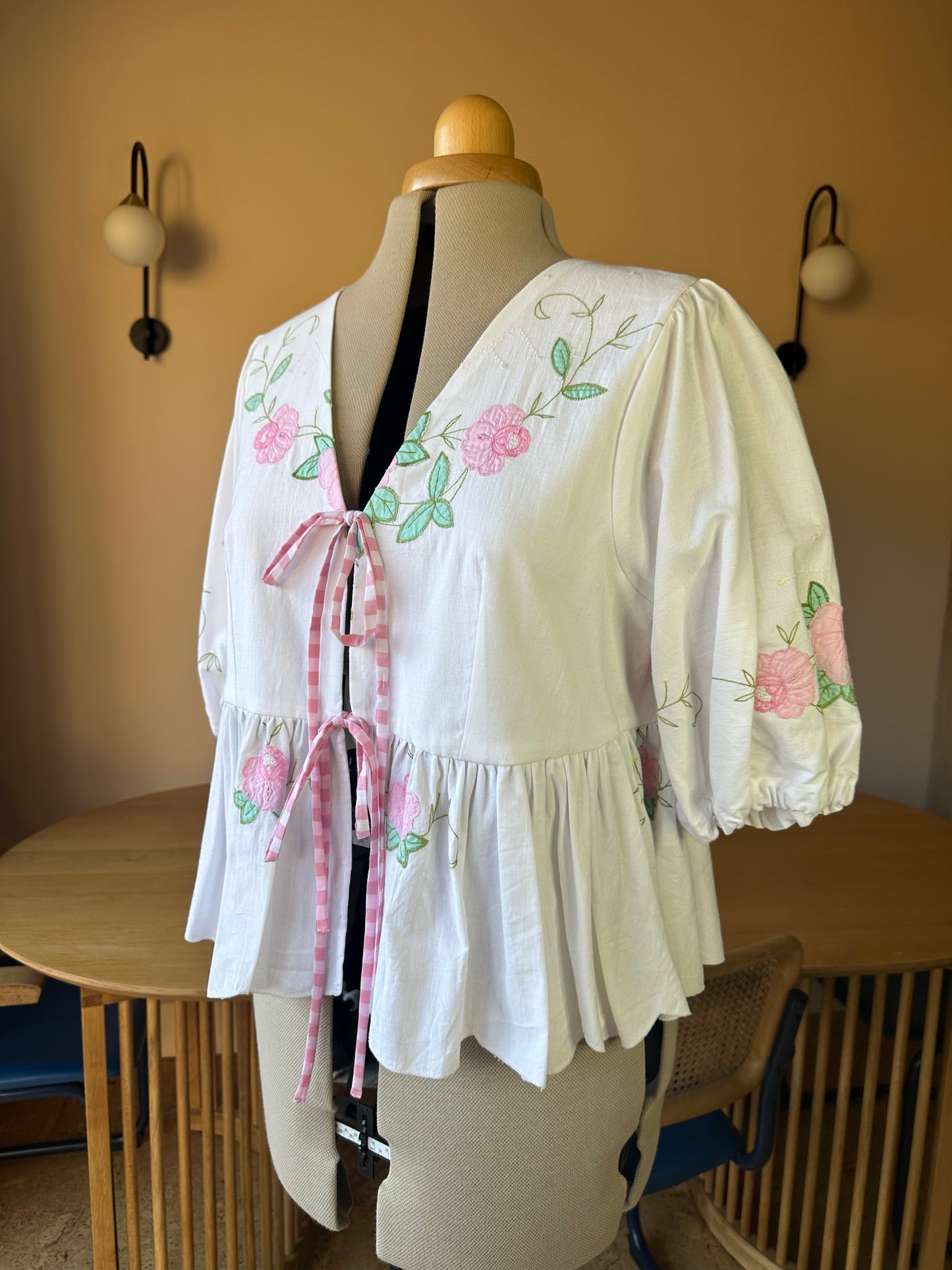 Pink Floral Embroidered Tie Front Top Size 3 (UK 14-16)
