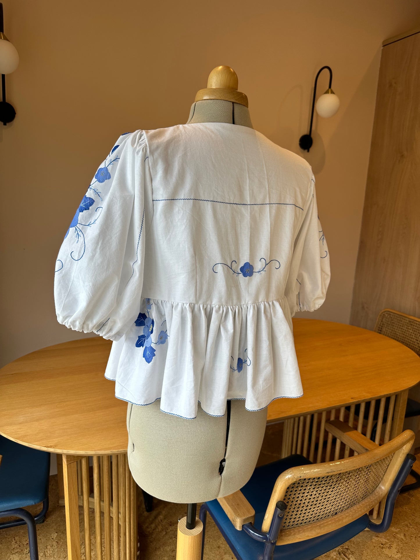 Blue & White Embroidered Tie Front Top Size 14-16