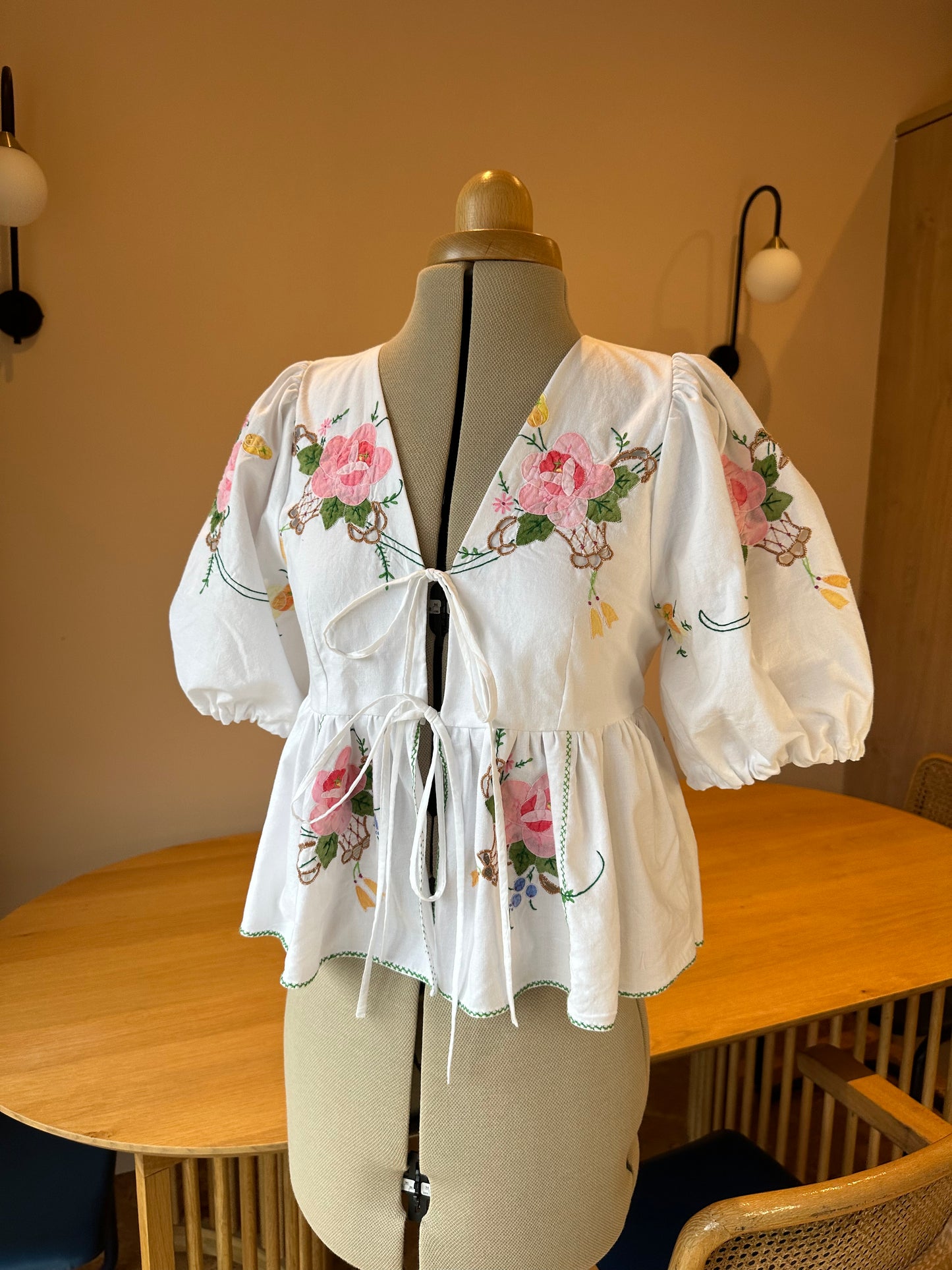 White & Green & Pink Embroidered Tie Front Top Size 6-8