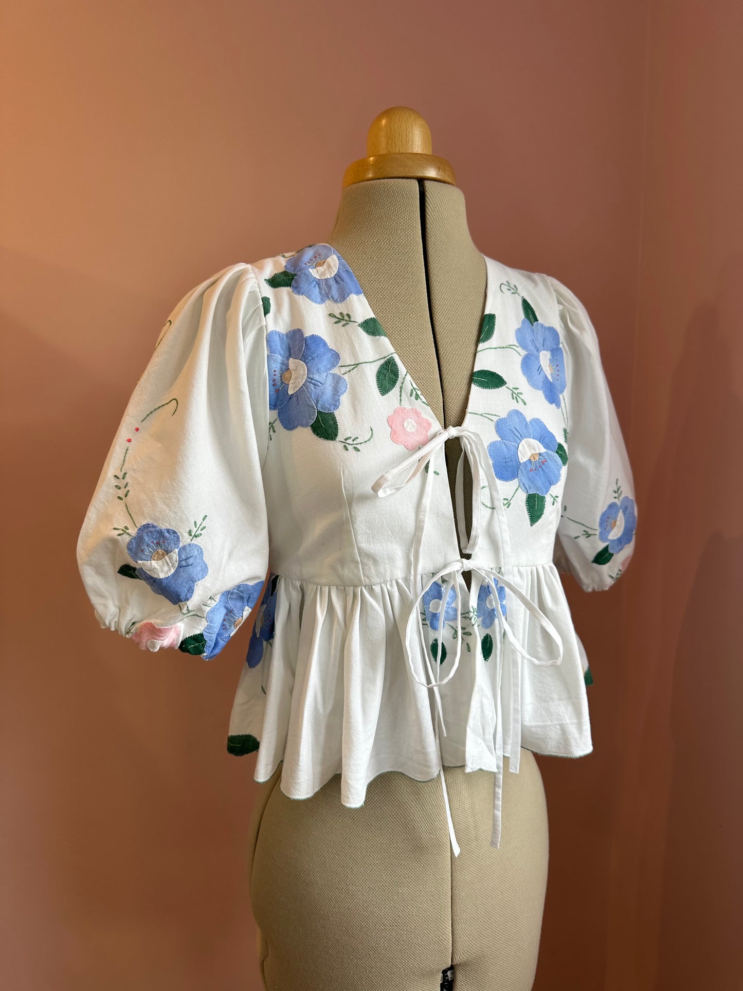 Blue Embroidered Tie Front Top Size Size 1 (UK 6-8)