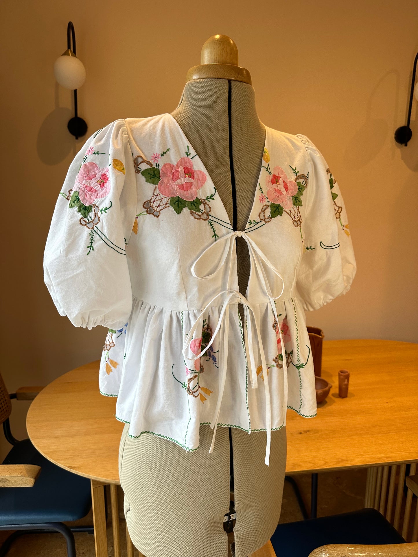 White & Green & Pink Embroidered Tie Front Top Size 6-8