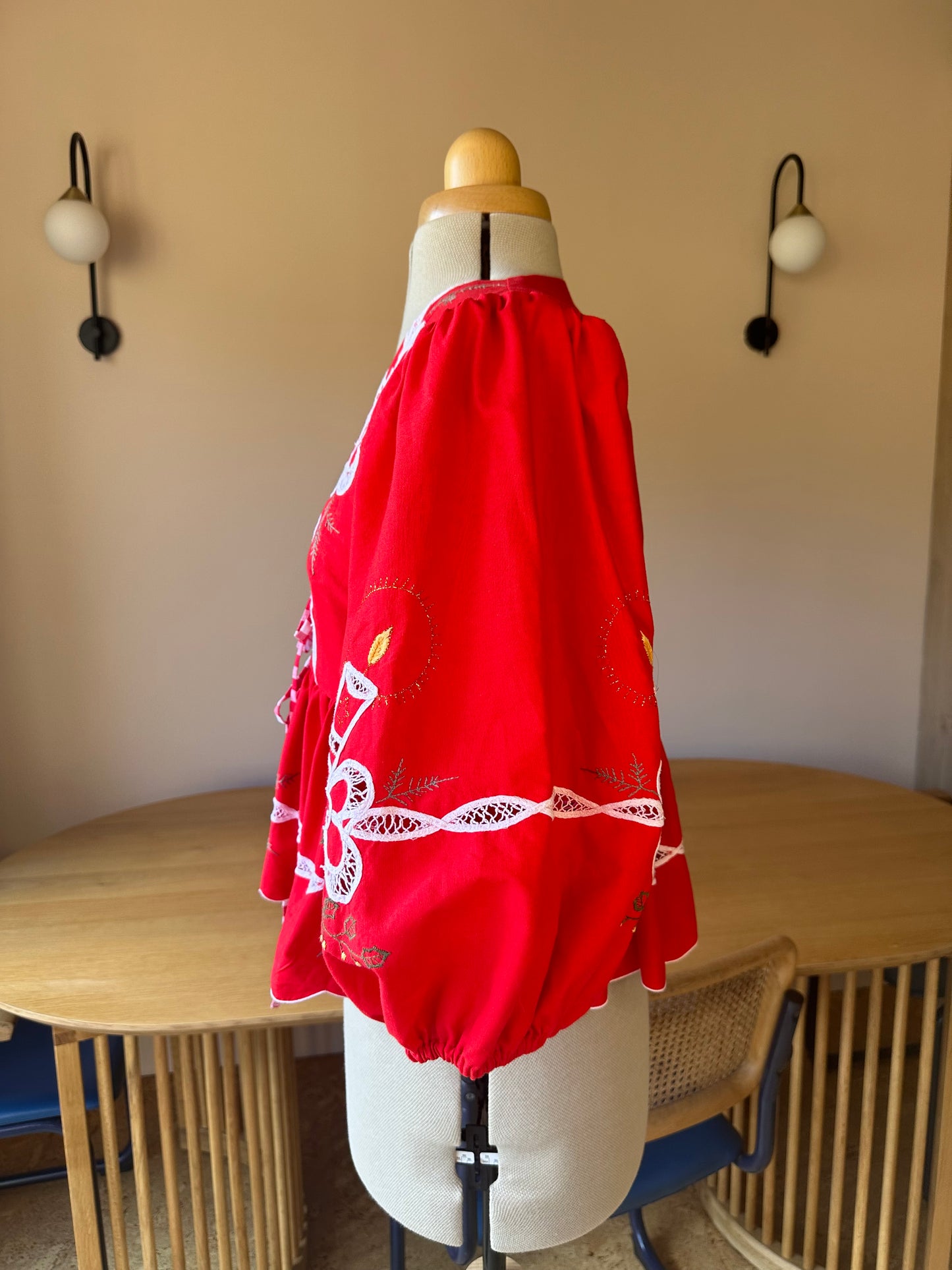 Embroidered Red Christmas Tie Front Top 3/4 Sleeve Size 2 (UK 10-12)