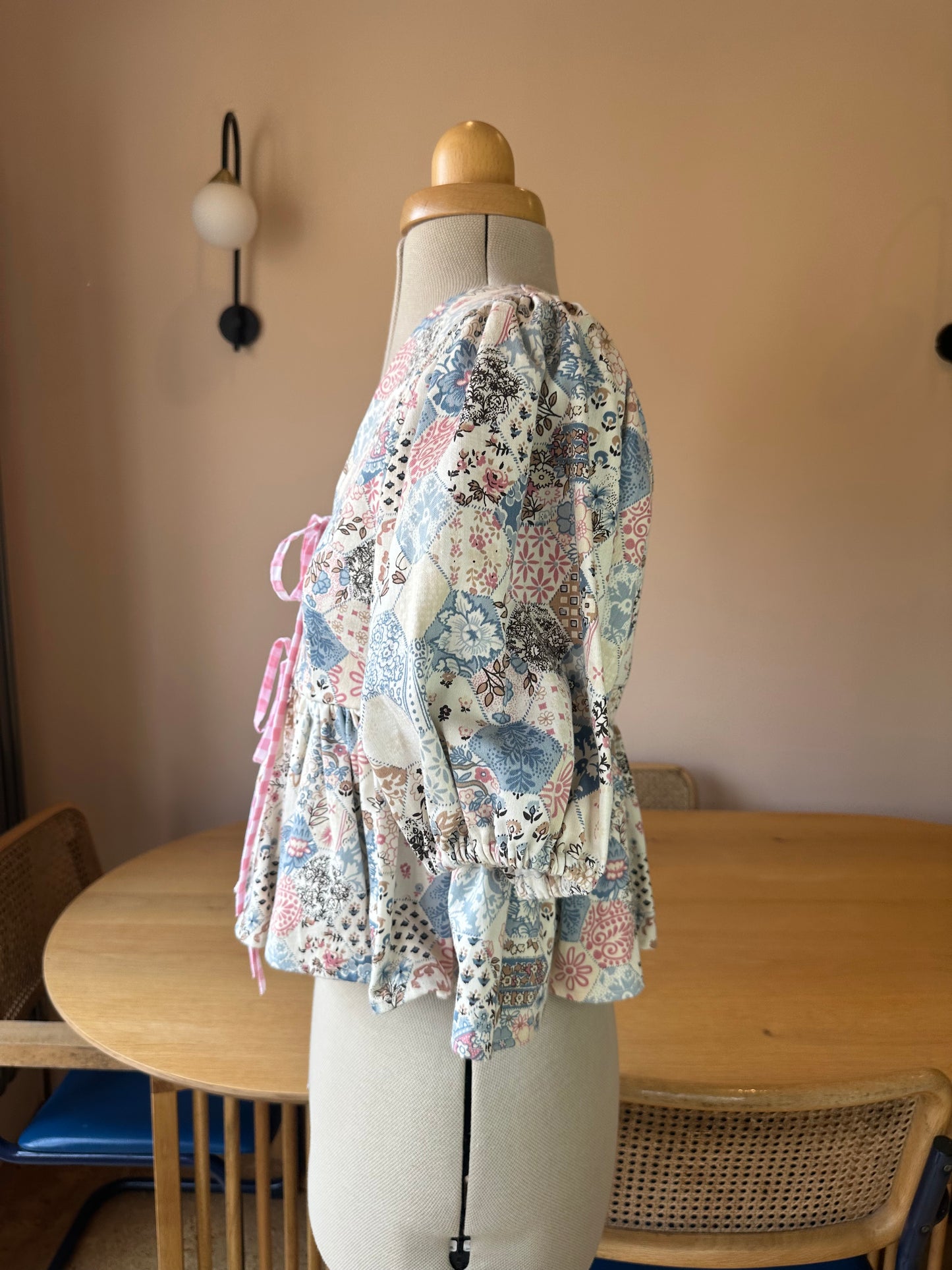 SAMPLE SALE 50% Off - Pink/Blue Patchwork Print Tie Front Top Size 1 (UK 6-8)