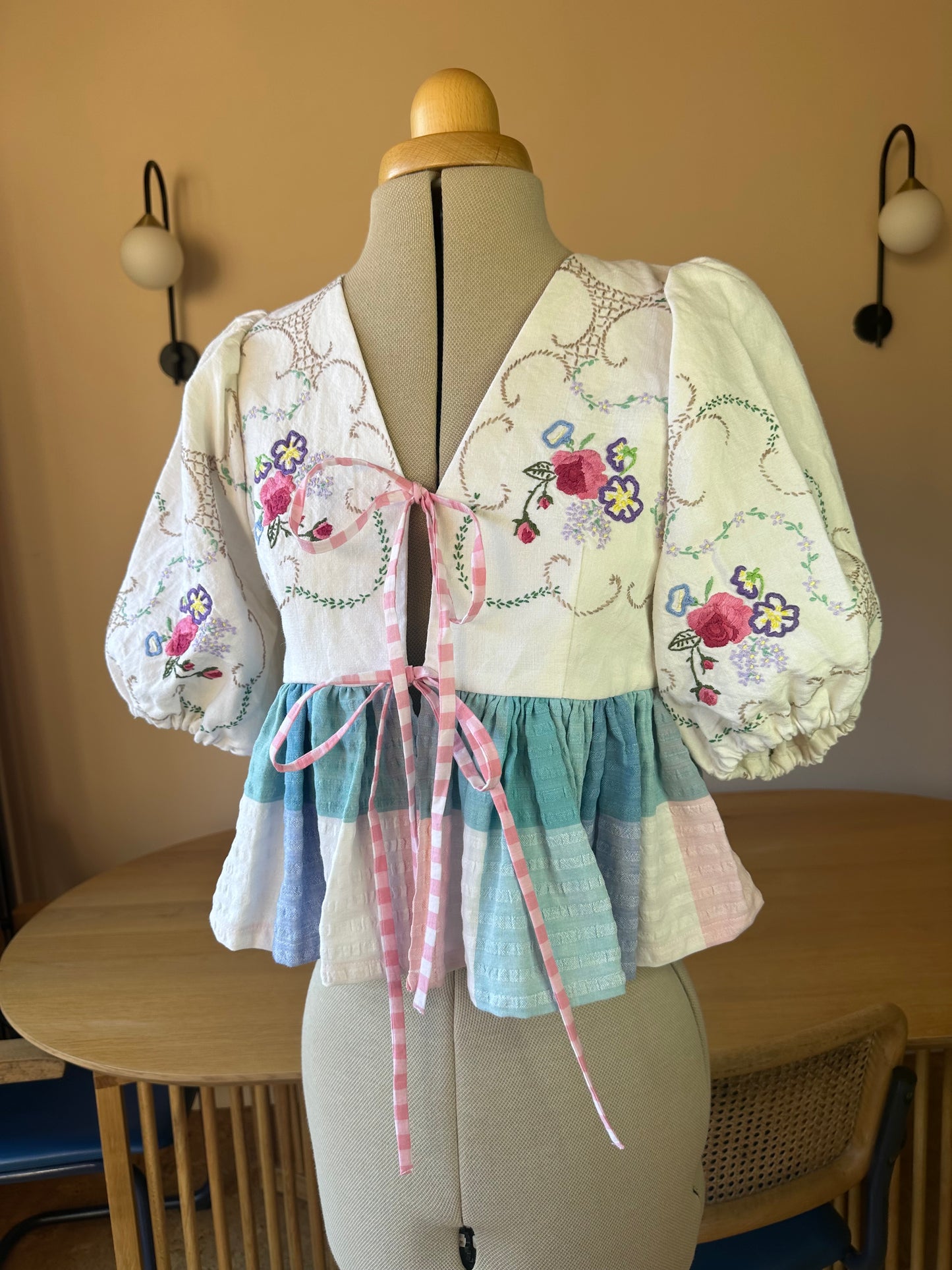 Embroidered Tie Front Top 3/4 Sleeve Size 1 (UK 6-8)