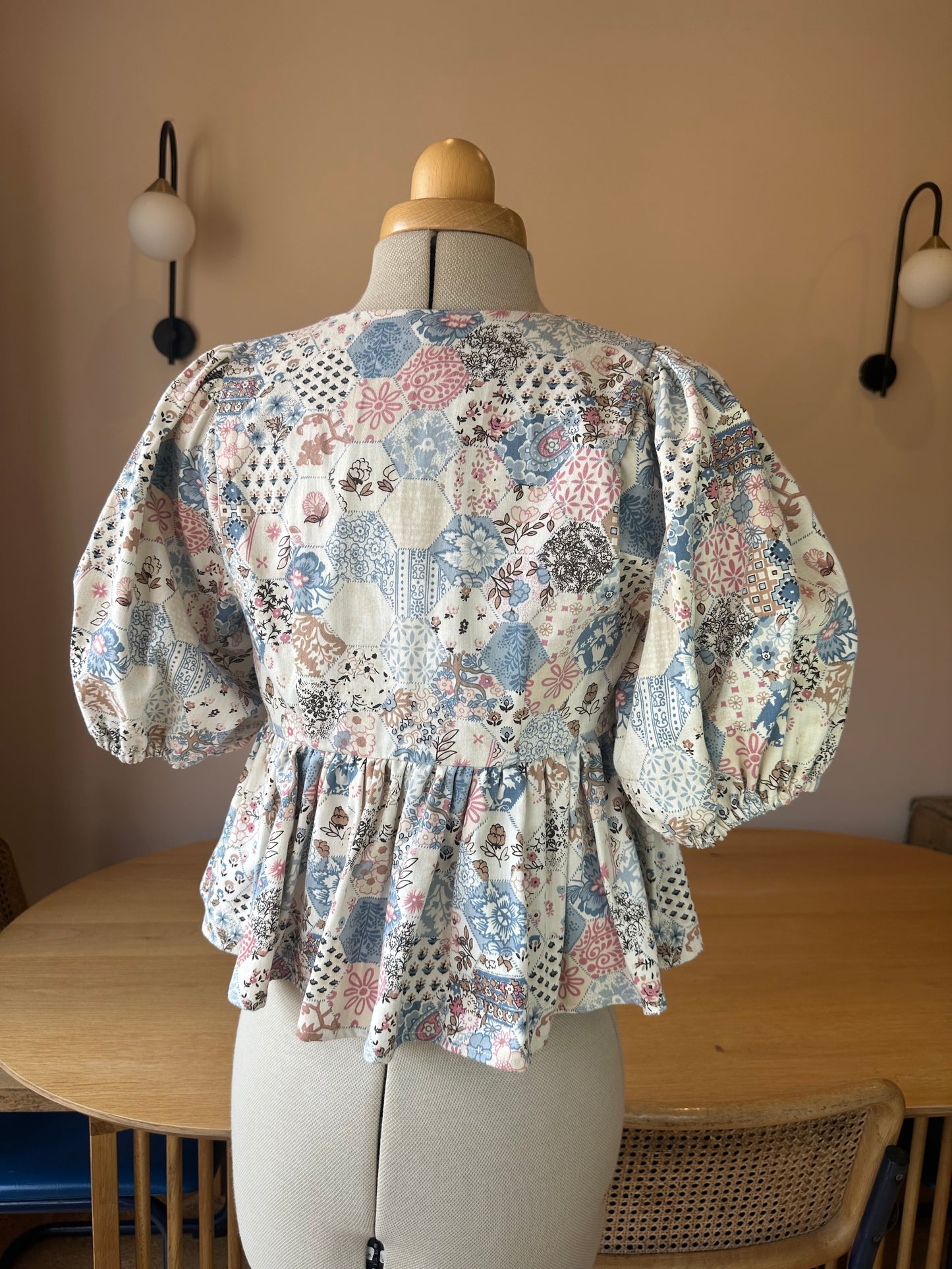 SAMPLE SALE 50% Off - Pink/Blue Patchwork Print Tie Front Top Size 1 (UK 6-8)