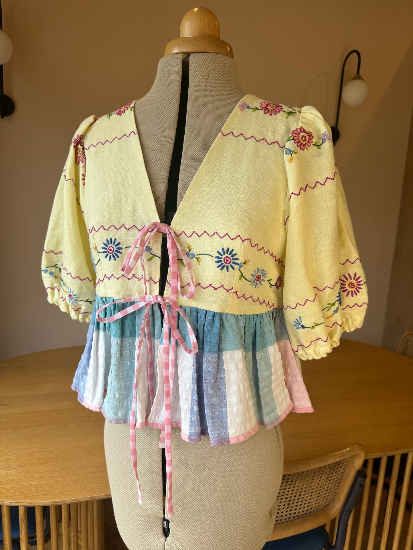 Yellow Embroidered Tie Front Top Size 2 (UK 10-12)