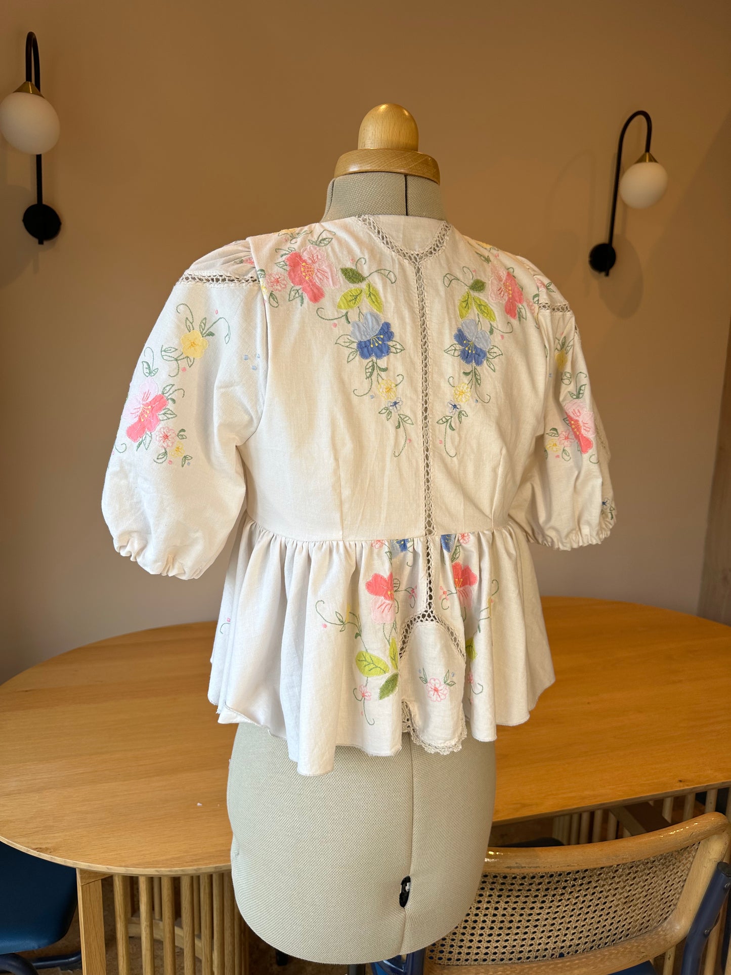 Cream & Pink Embroidered Tie Front Top Size 6-8
