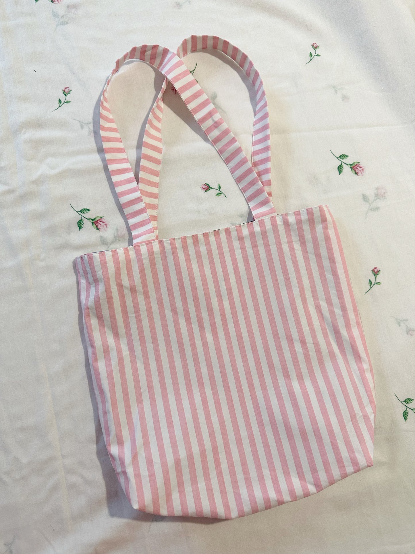 SAMPLE SALE 50% Off - Floral/Pink Stripe Reversible Tote Bag