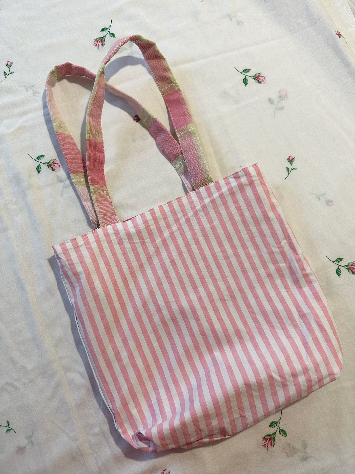 Pink Check/Stripe Reversible Tote Bag