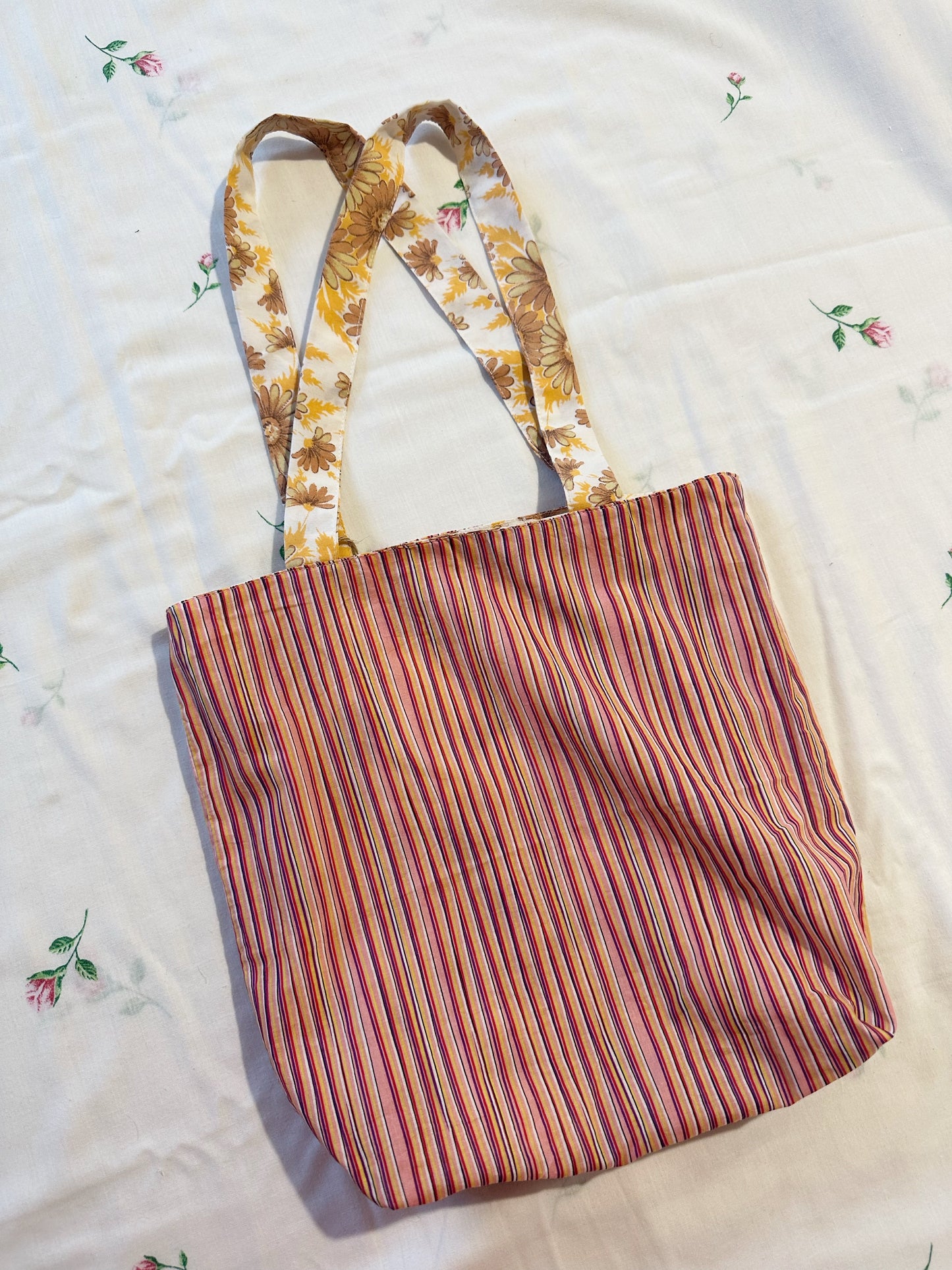 Orange Floral/Pink Stripe Reversible Tote Bag