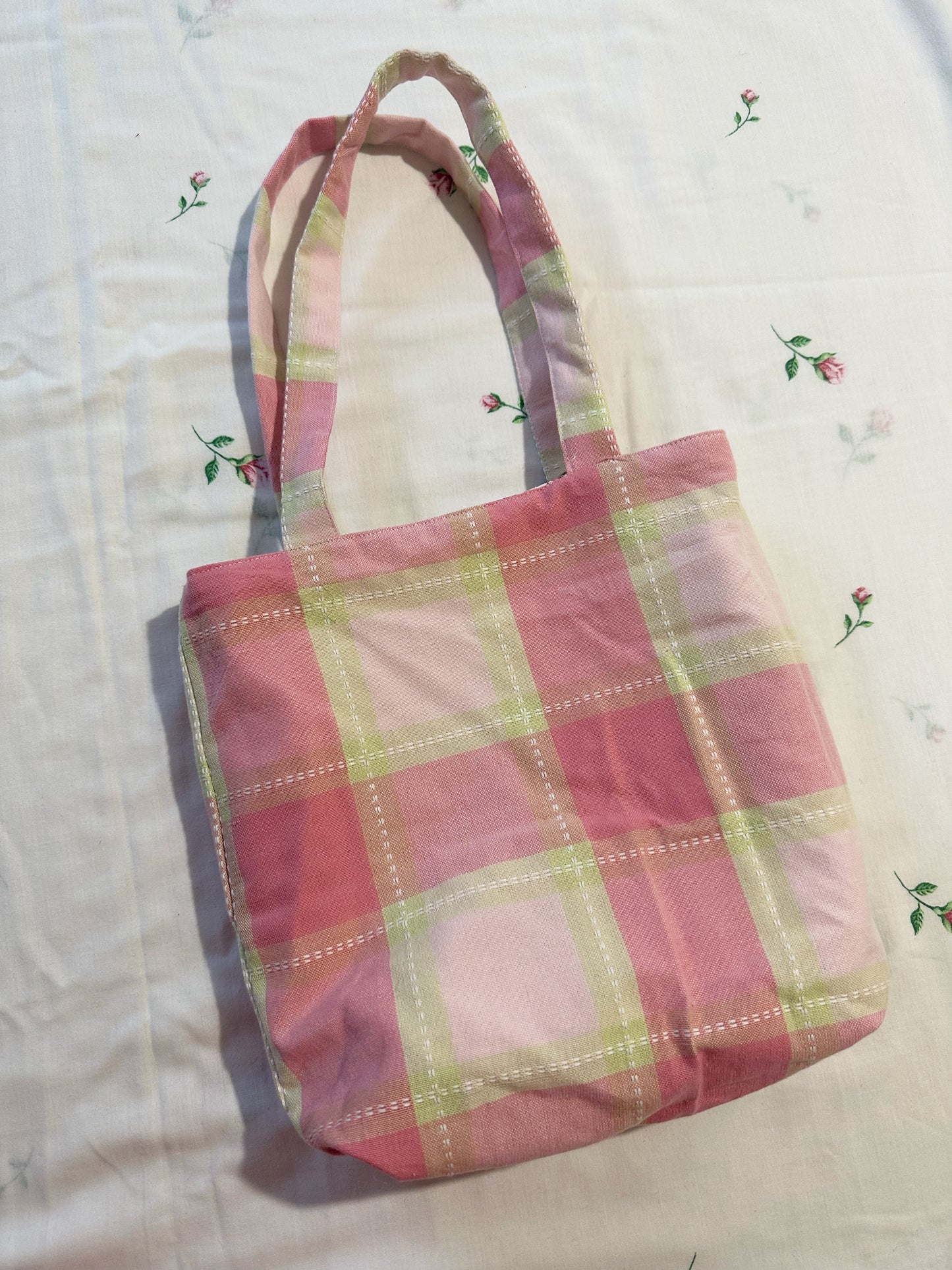 Patchwork Print/Pink Check Reversible Tote Bag