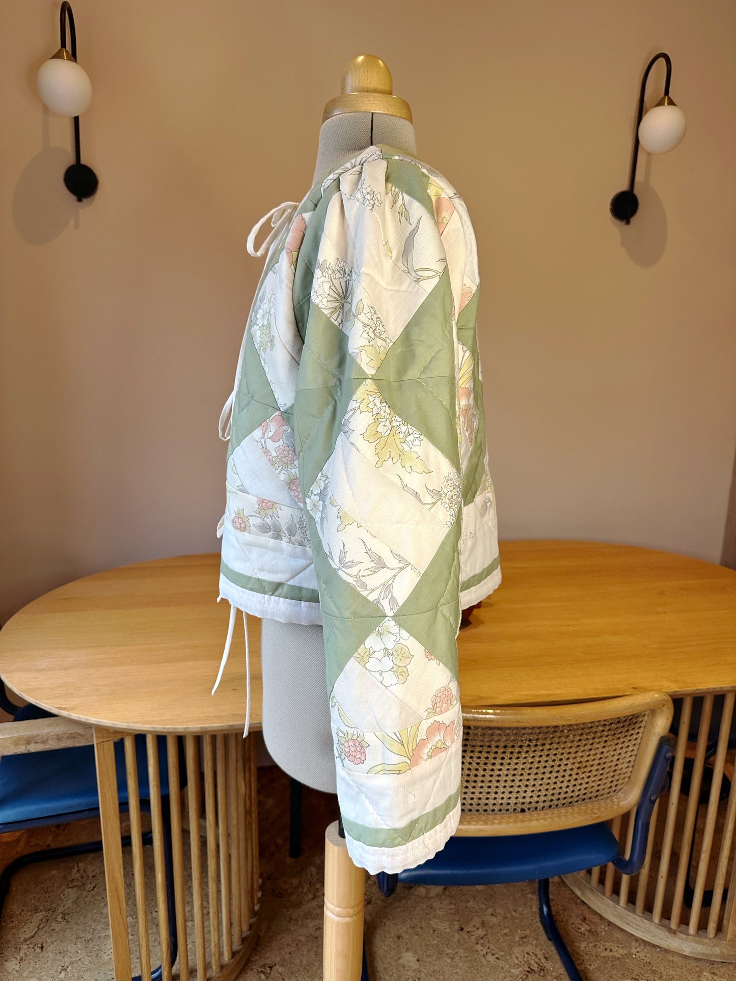 Quilted Green and Cream Tie Front Jacket Size 10-12