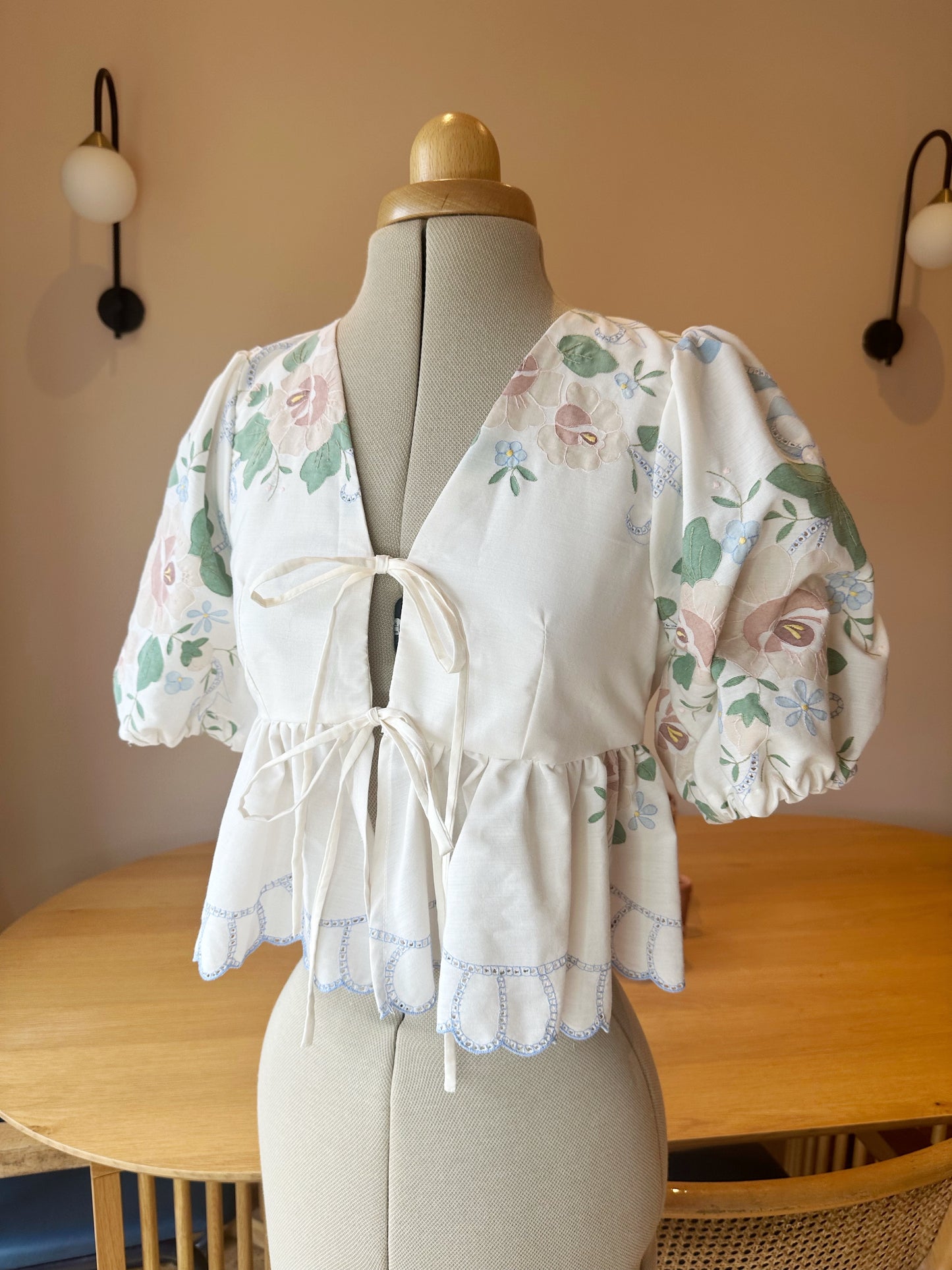 Blue/Pink Embroidered Tie Front Top Size 6-8