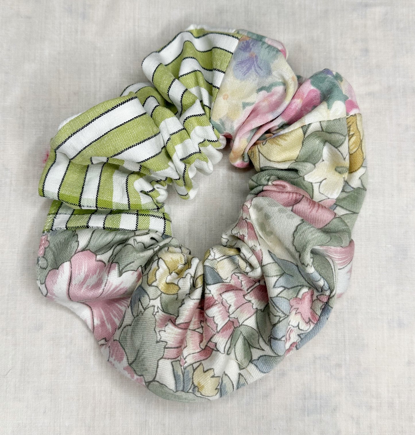 Green Stripe and Floral Print Scrunchie