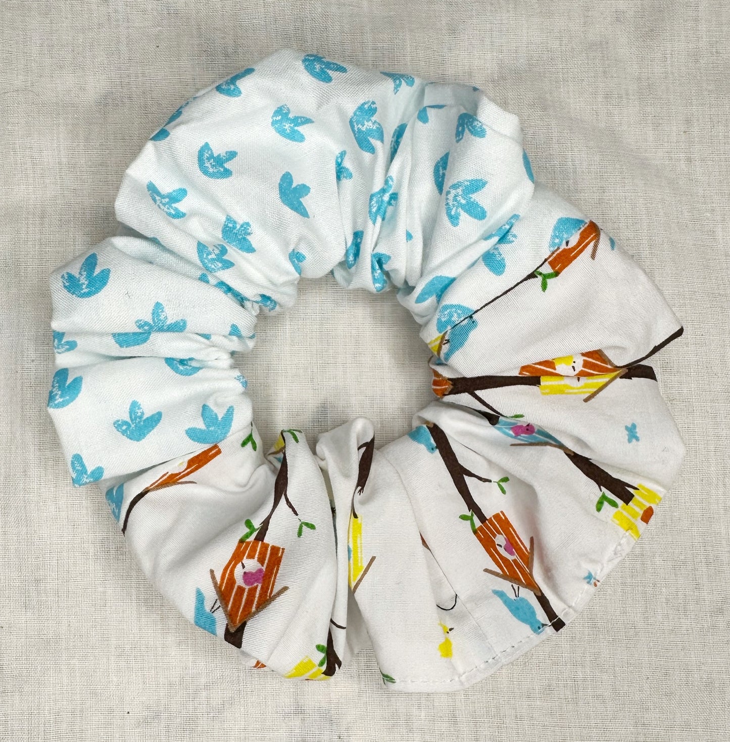 Blue and Bird House Print Scrunchie
